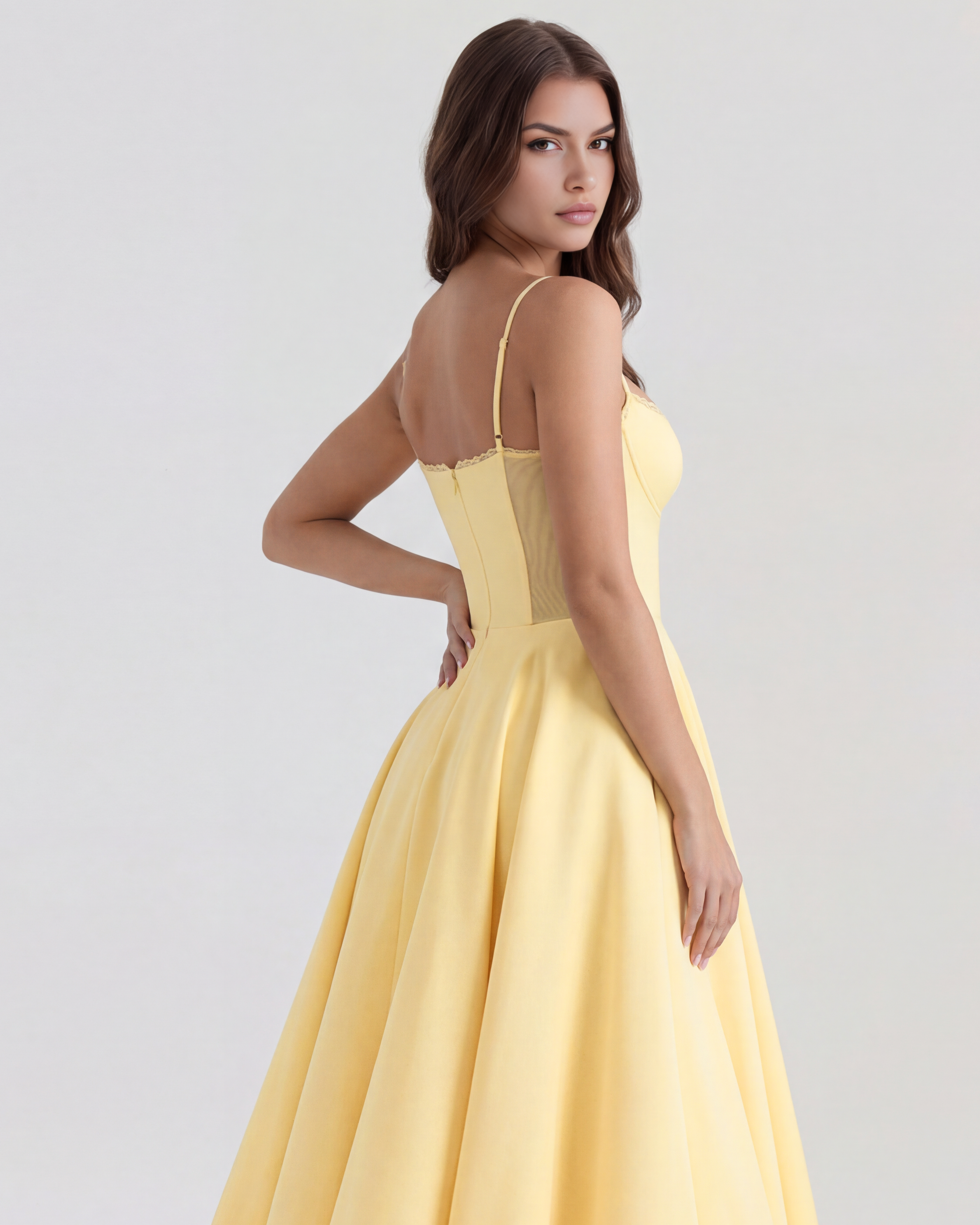 Butter yellow midi dress with lace-trim straps, fitted bodice, and pleated skirt