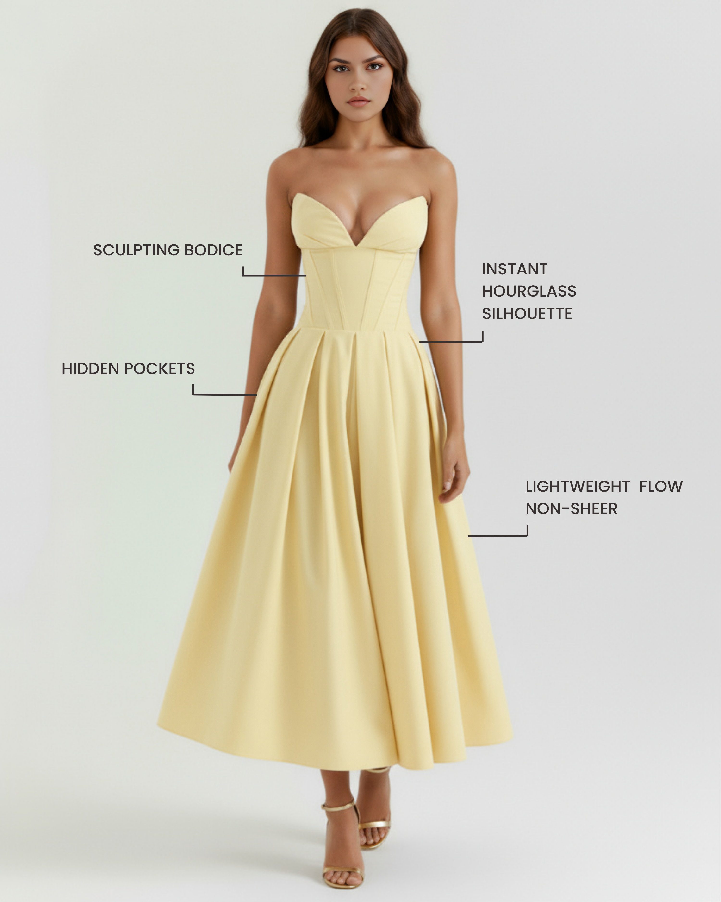 Light yellow strapless corset midi dress with structured bust and gathered pleated skirt