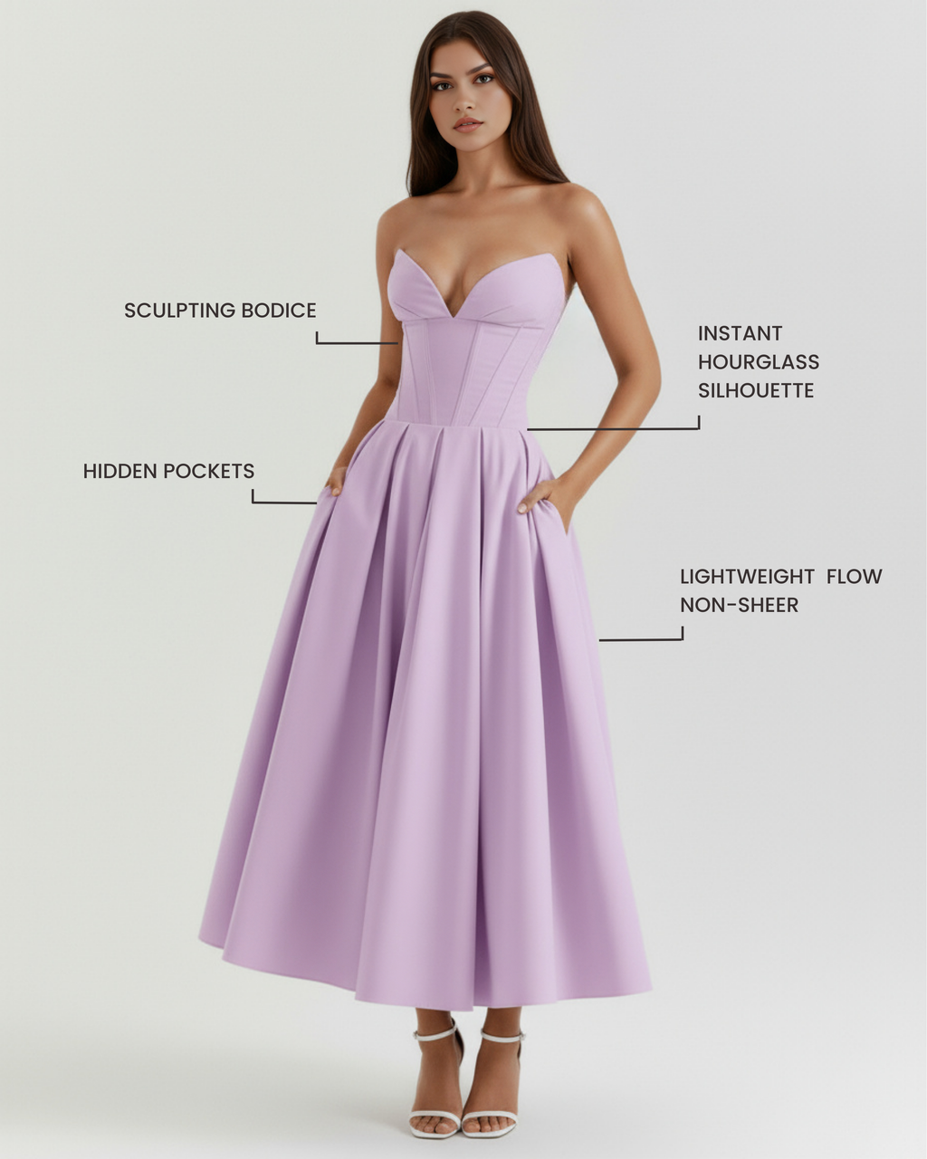 Violet strapless corset dress with sweetheart neckline and sculpted bodice