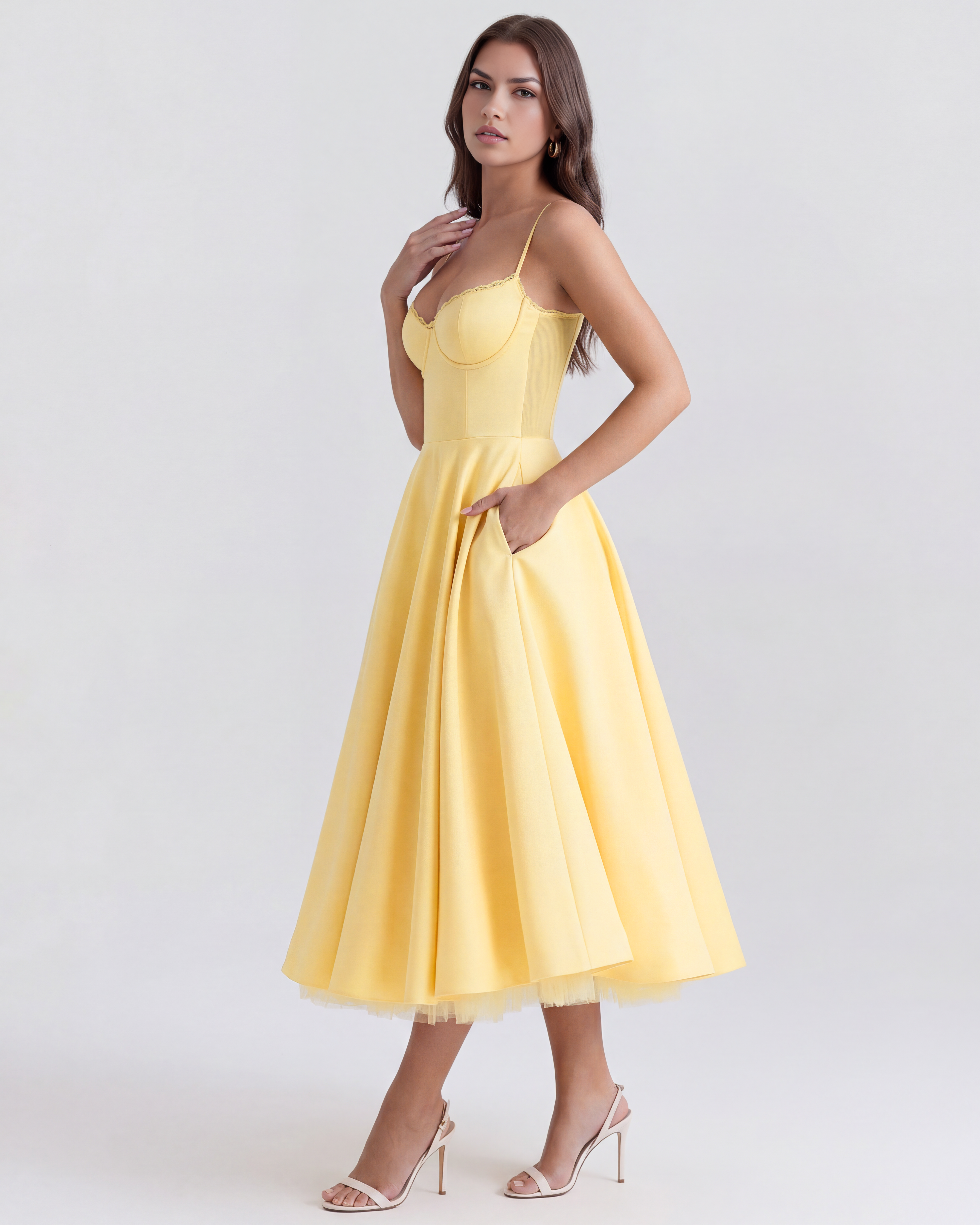 Butter yellow corset-style midi dress with flared pleated skirt and thin straps