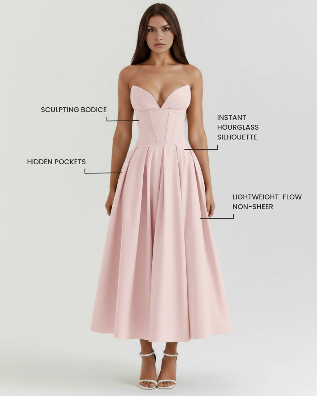Pink strapless corset bodice midi dress with pleated skirt and hidden pockets