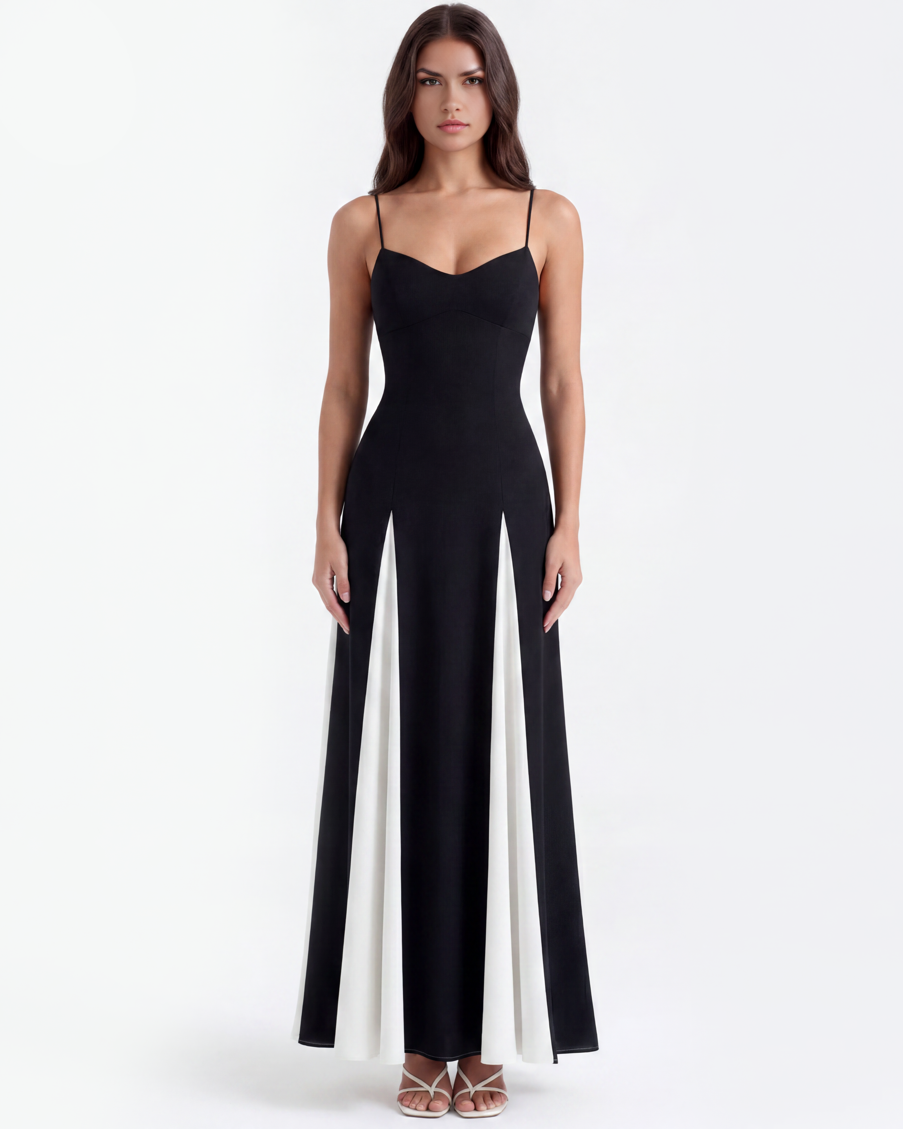 Black maxi dress with thin straps and V-neck, colorblocked white side panels