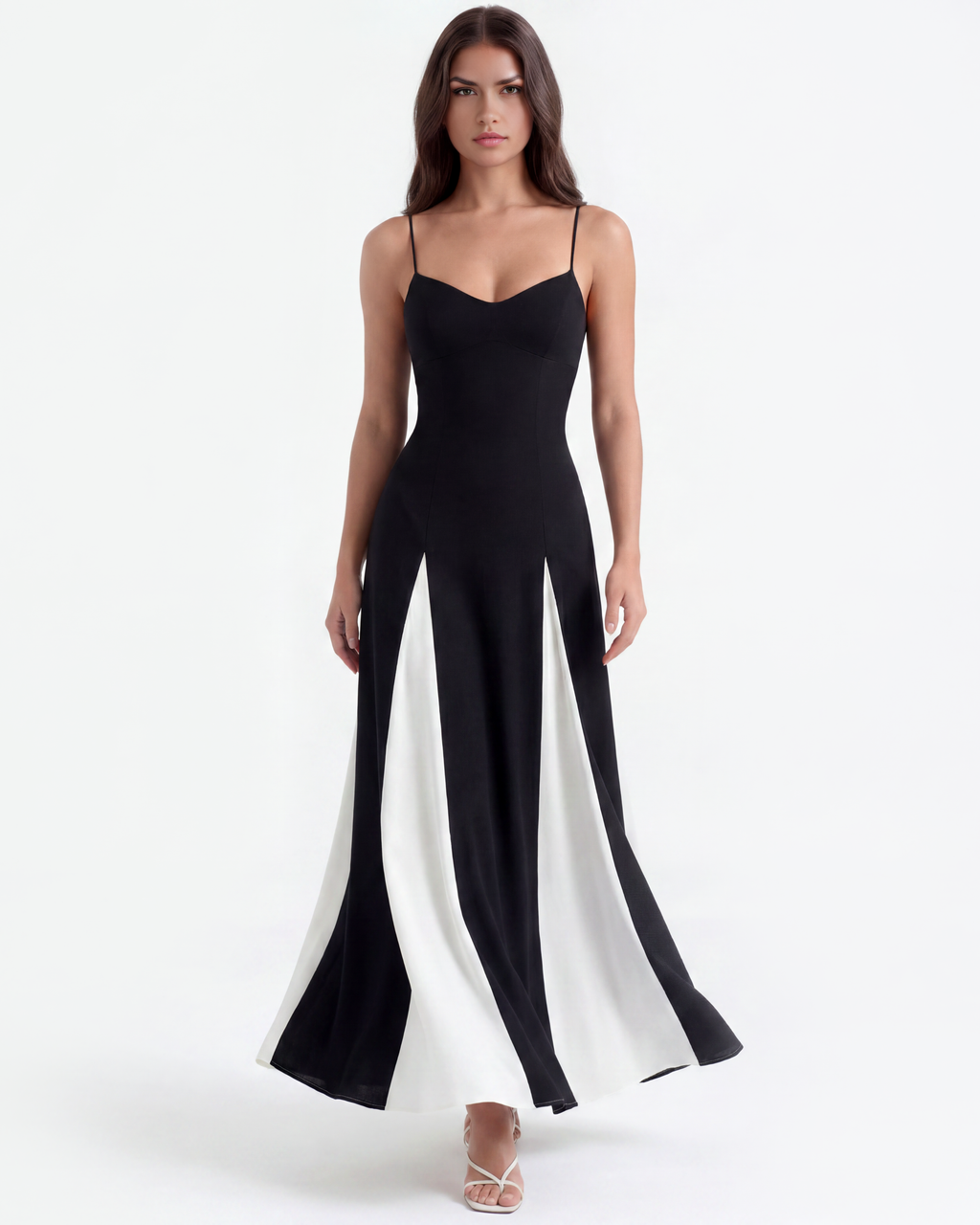 Black maxi dress with thin straps, V-neck and flowing white side panel panels