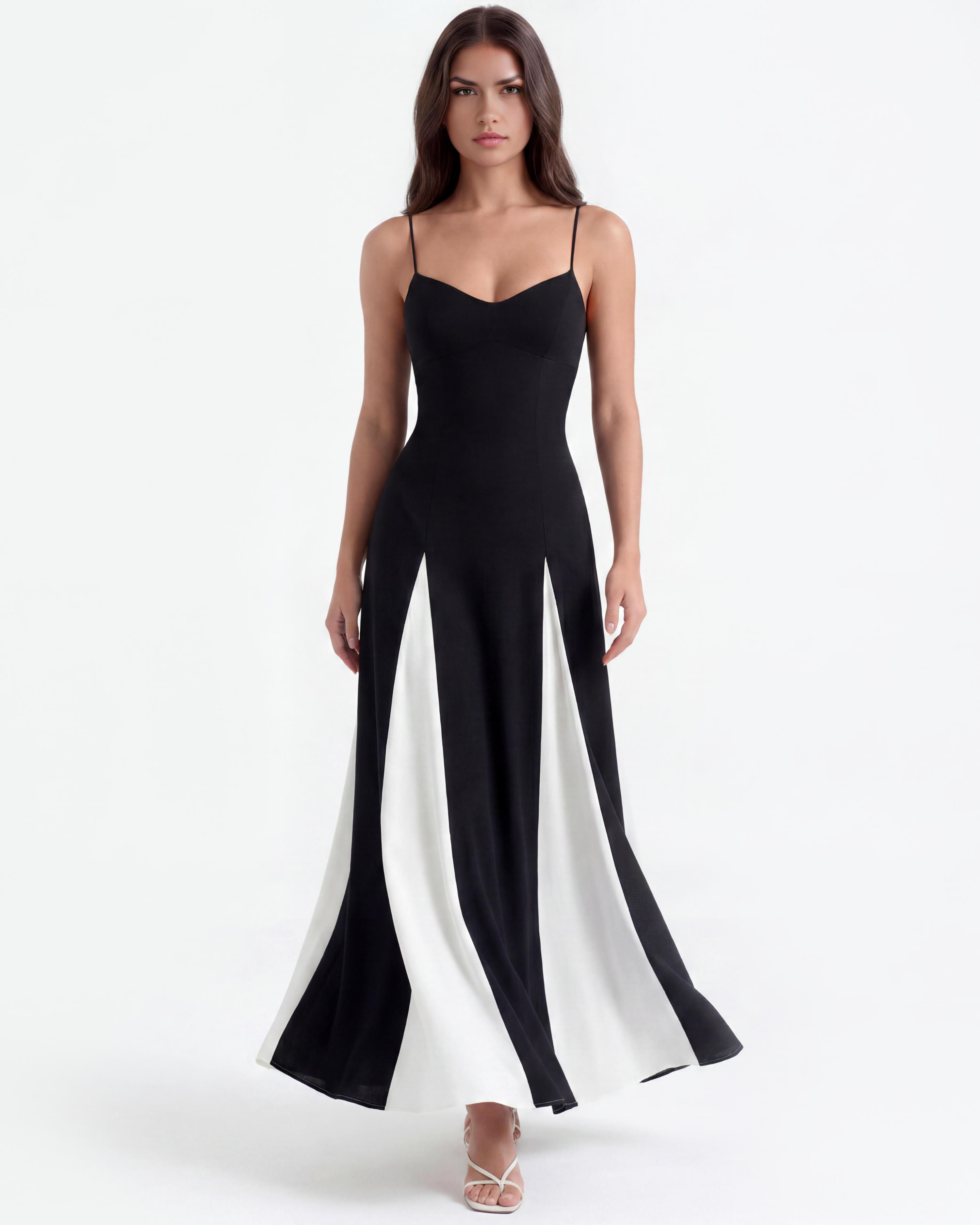 Black maxi dress with thin straps, V-neck and flowing white side panel panels