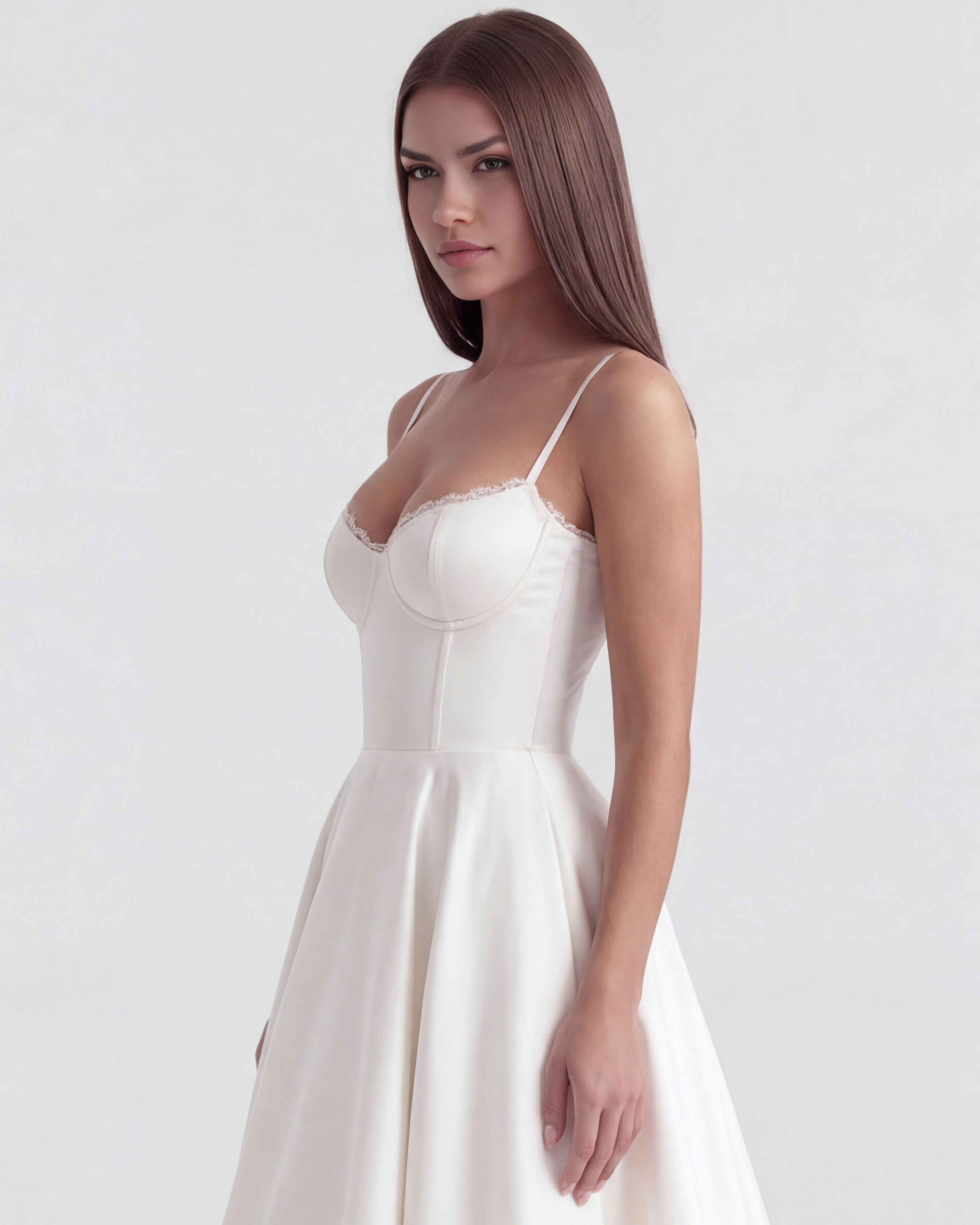 White lace-trim spaghetti-strap midi dress with sweetheart bodice detail