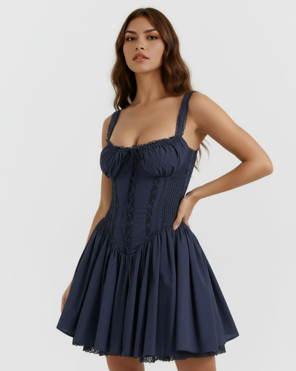 Dark blue corset mini dress with lace-up bodice detail, gathered bust, flared skirt
