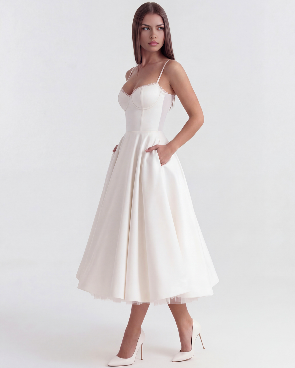 White lace-trim midi dress with spaghetti straps and flared skirt, side view