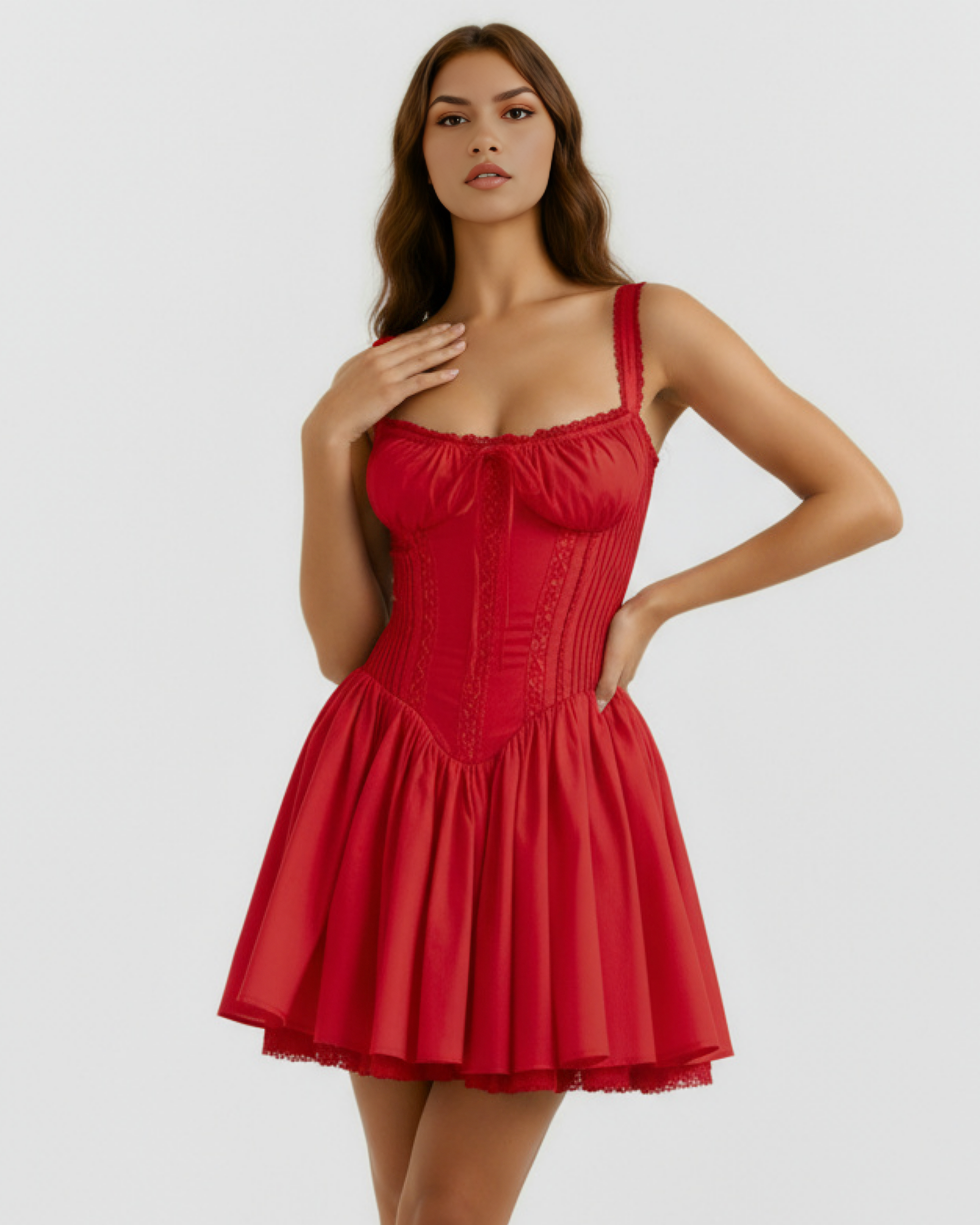 Red corset bodice mini dress with ruched bust and lace-trimmed tiered skirt