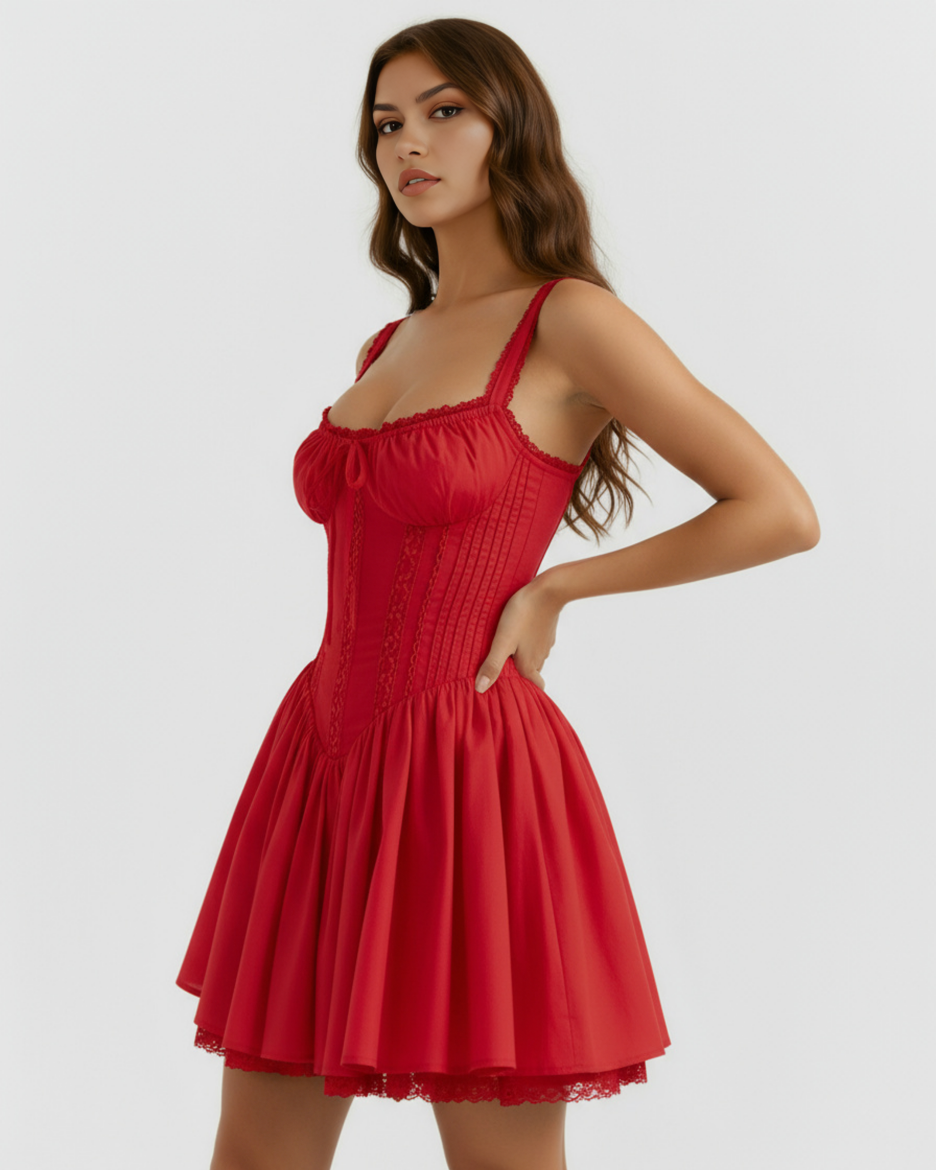 Red corset mini dress with gathered bust, vertical seam detailing, and flared skirt