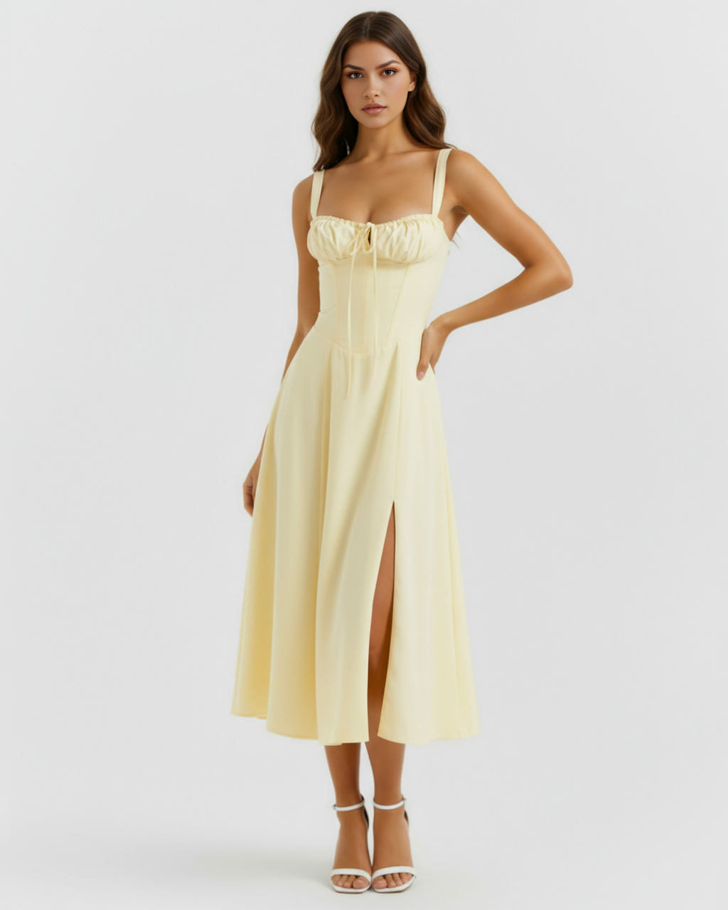 Light yellow midi slip dress with ruched sweetheart bodice, thin straps, and front slit