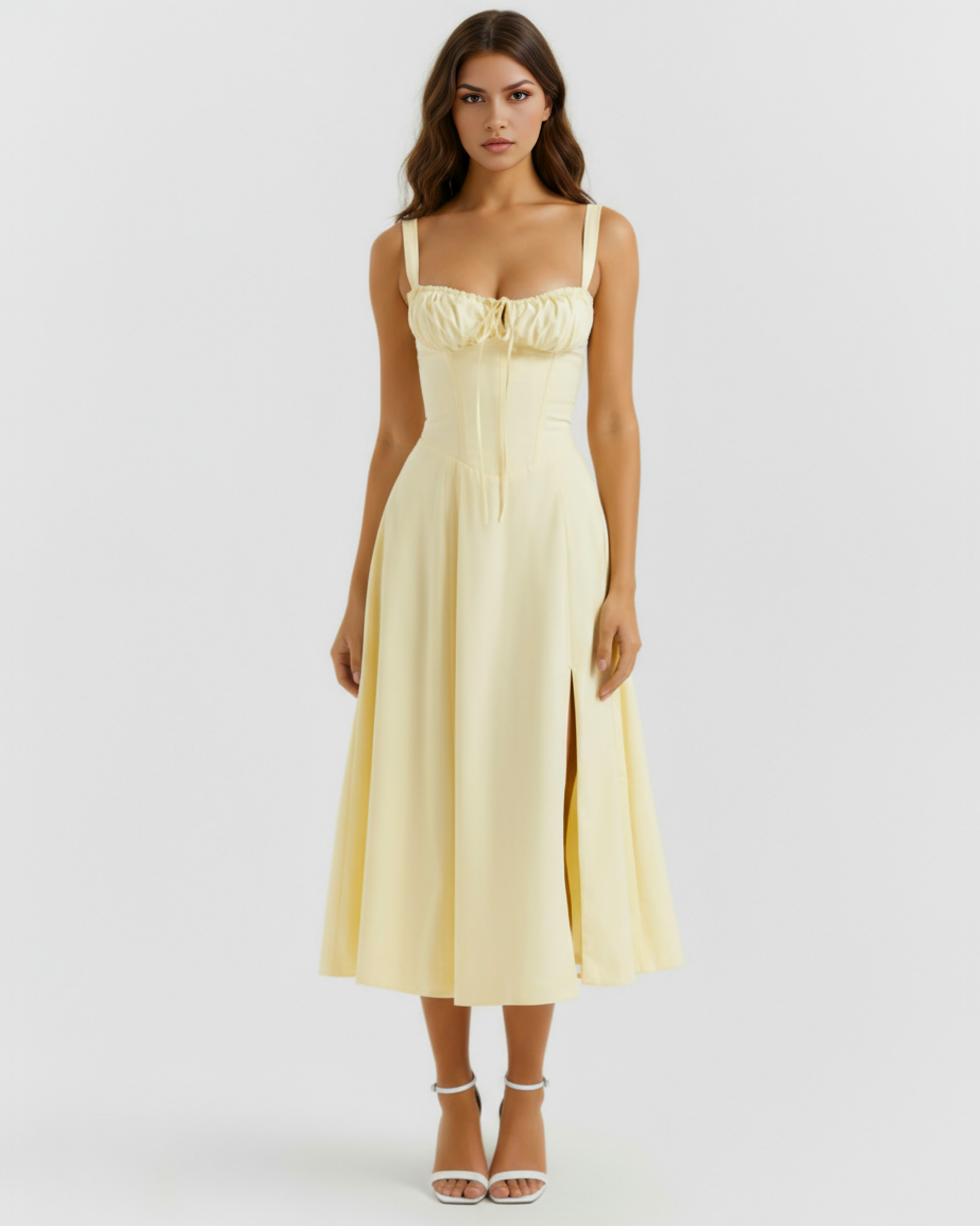 Light yellow midi slip dress with thin straps, ruched bust, and central front slit