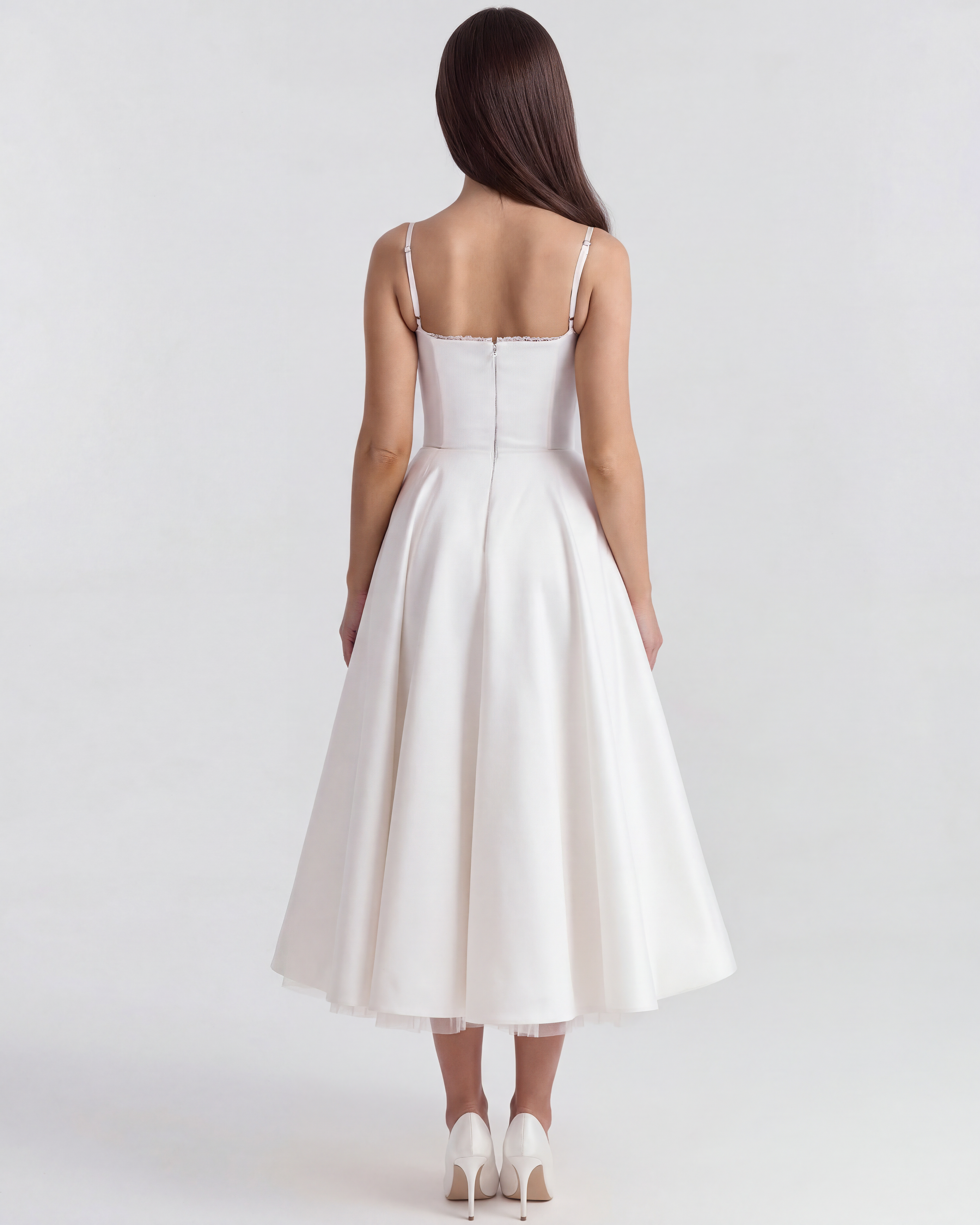 White lace-trim midi dress with spaghetti straps, back view