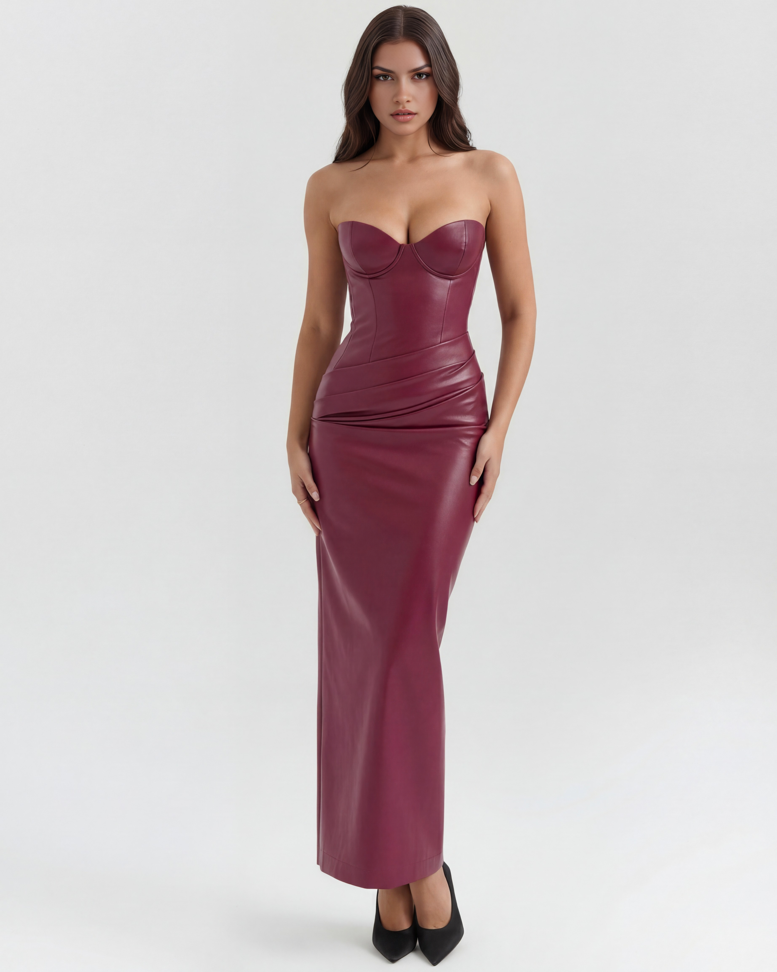 Burgundy corset-style leather midi dress with sweetheart neckline and draped waist