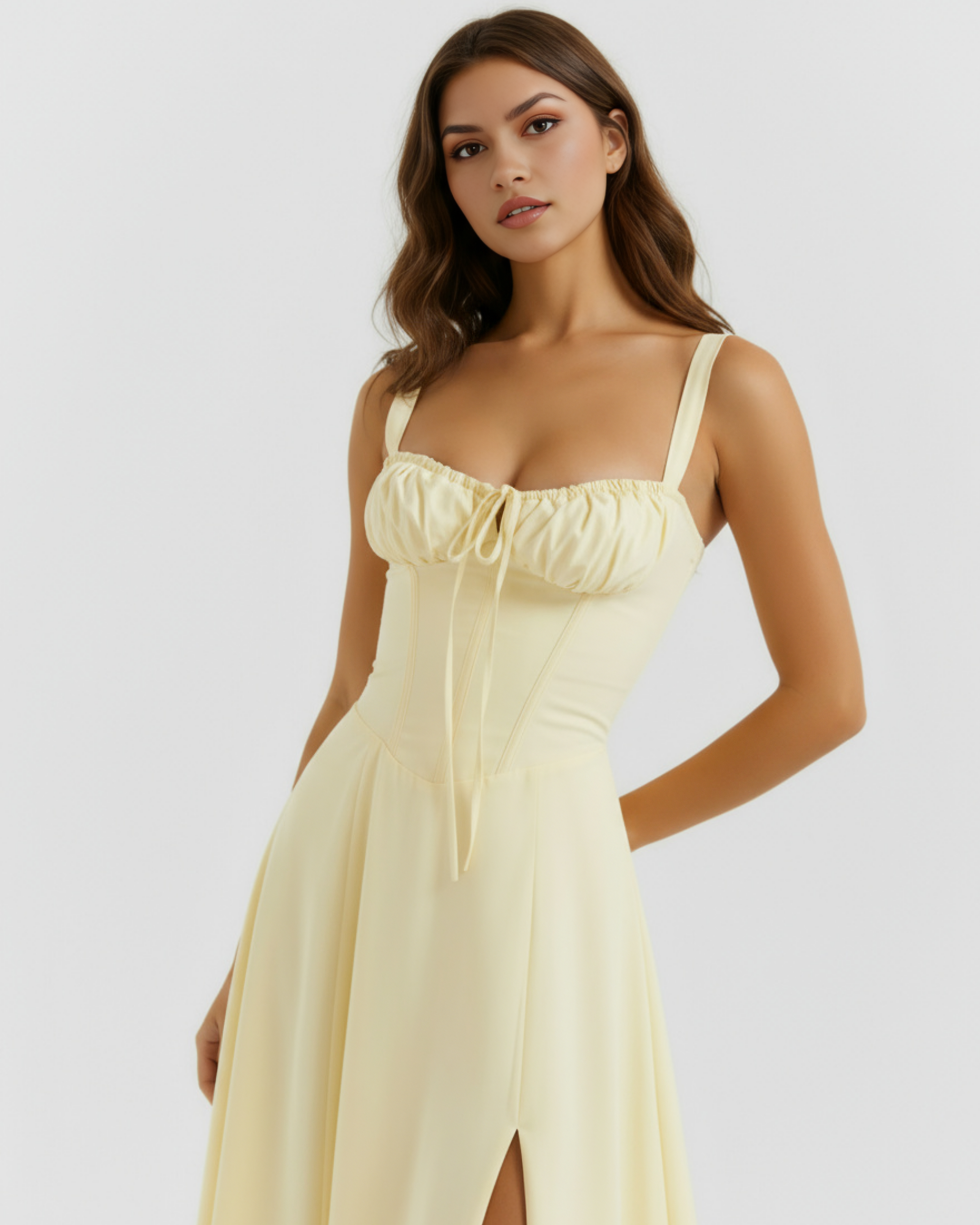 Light yellow corset-style midi dress with ruched sweetheart neckline and lace-up detail