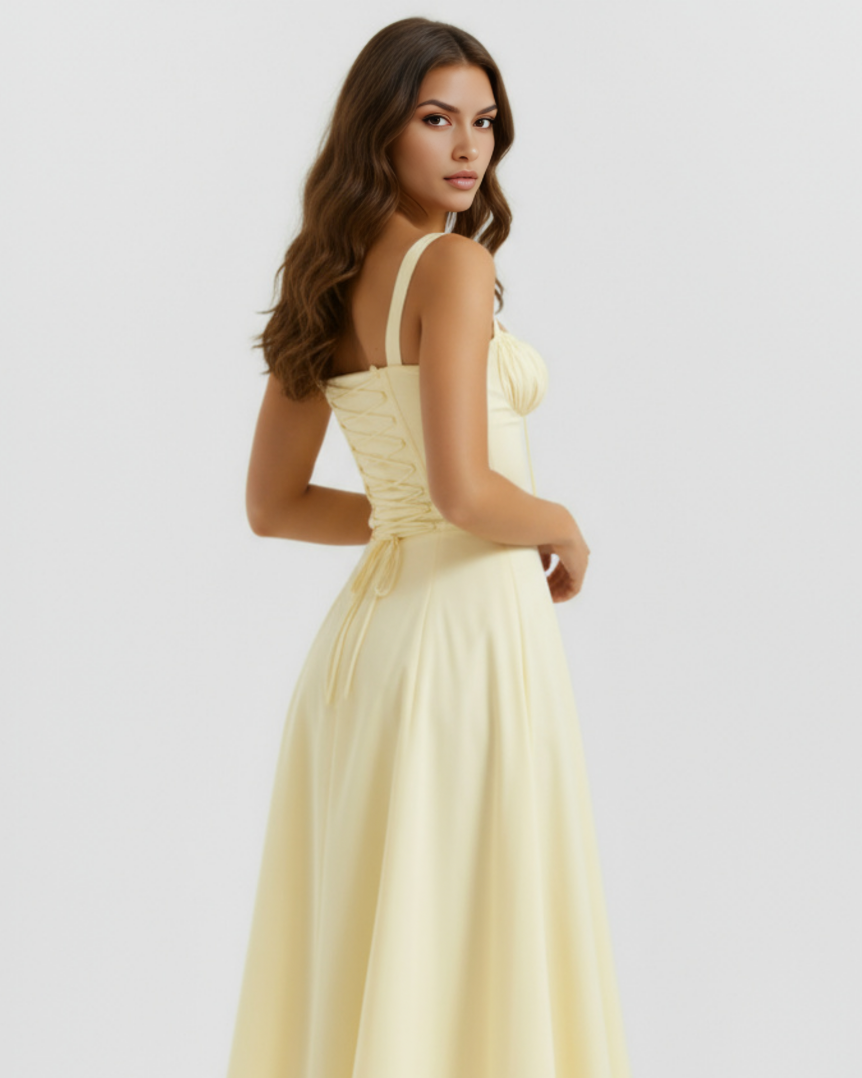 Light yellow midi dress shown in profile with corset lacing and gathered ruched bust