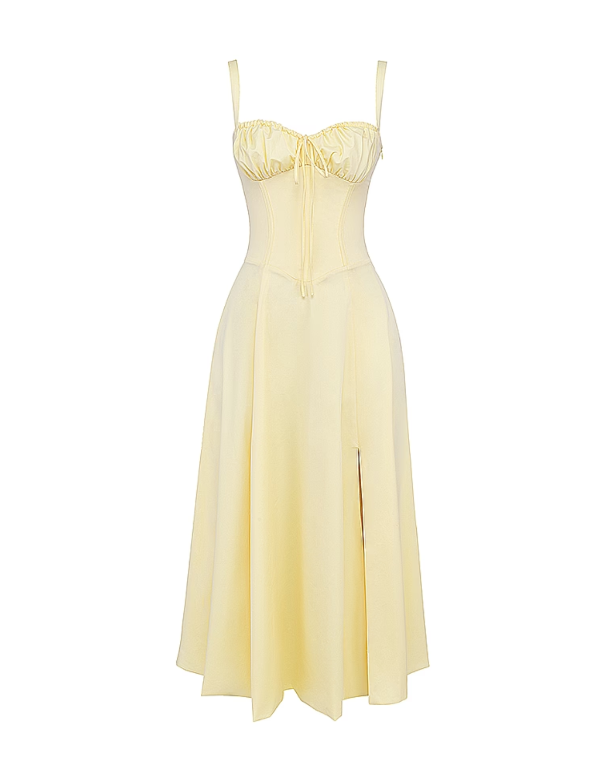 Light yellow midi dress on mannequin with ruched bust, thin straps, and front slit