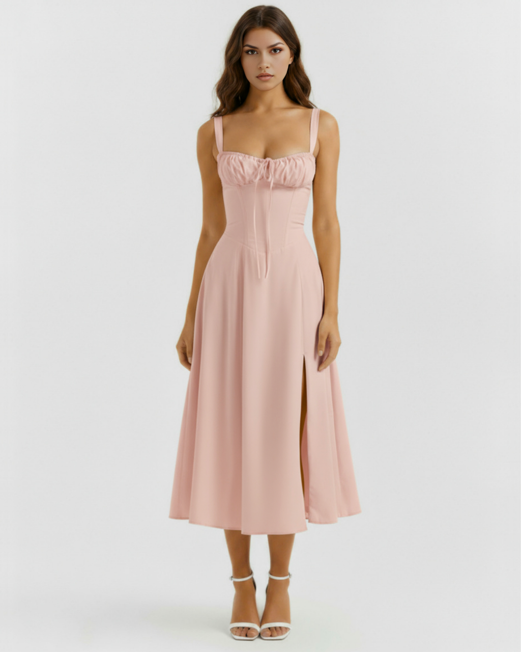Pink midi dress with sweetheart neckline, gathered bust, and center front slit