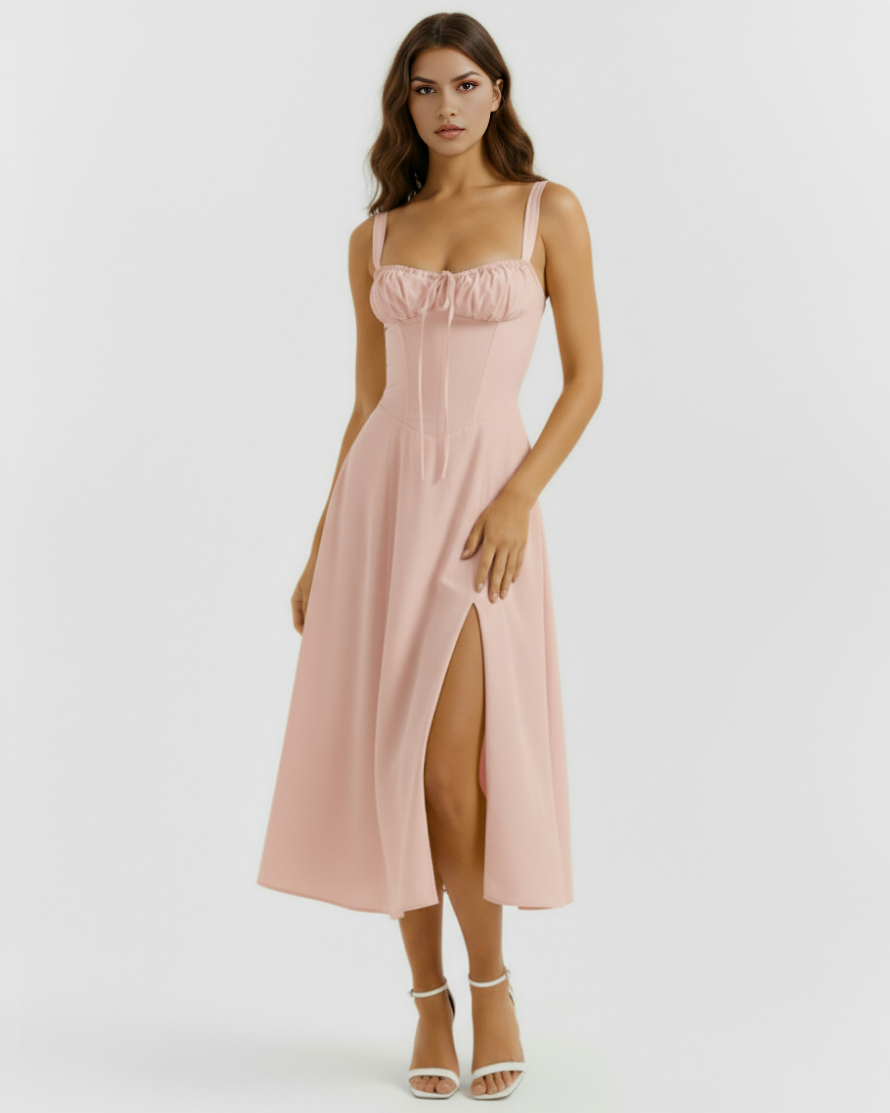 Pink midi dress with thin straps, sweetheart bodice, and long center slit