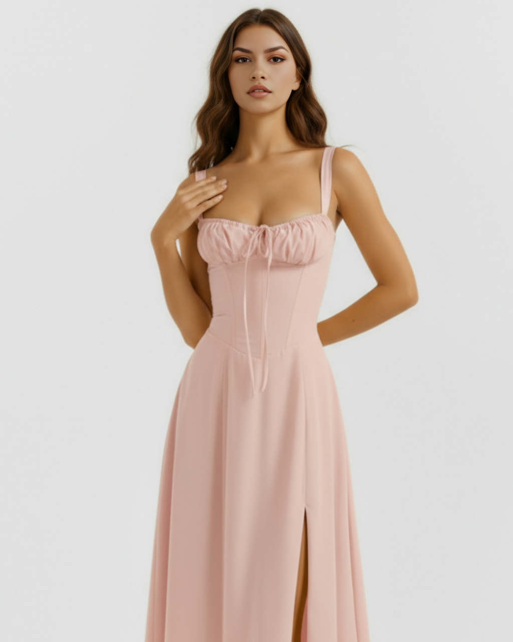 Pink corset-style midi dress with ruched bust and thin straps, front view