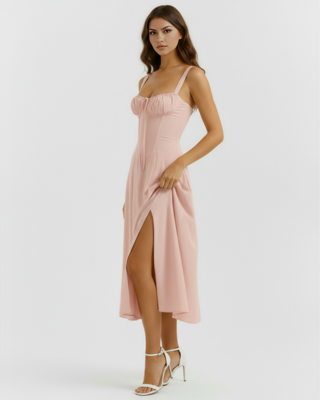 Pink corset-style midi dress with corset lacing detail and side slit