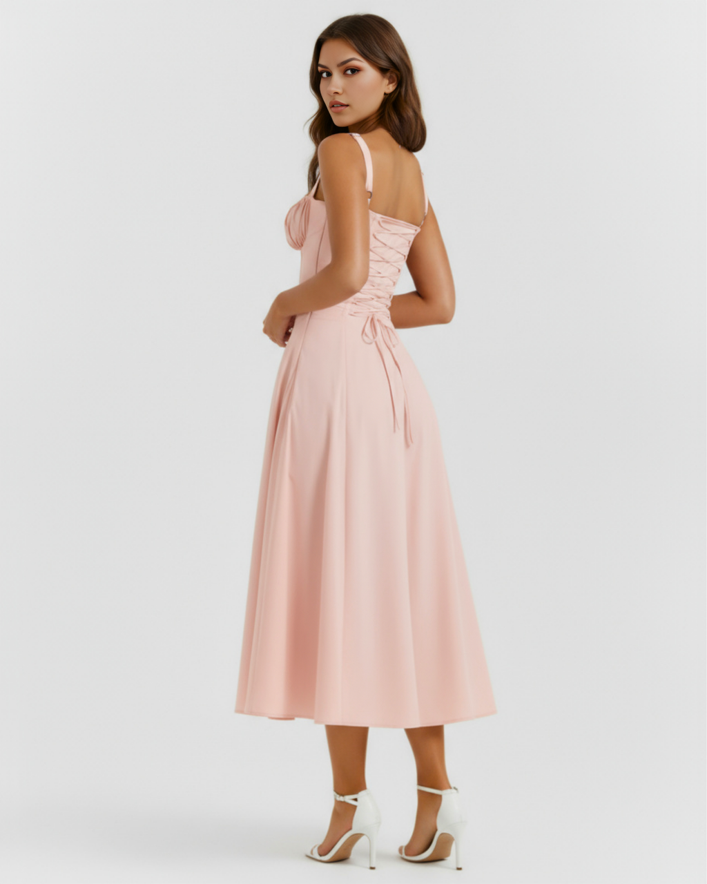 Pink corset midi dress with side lace-up back and full midi skirt silhouette