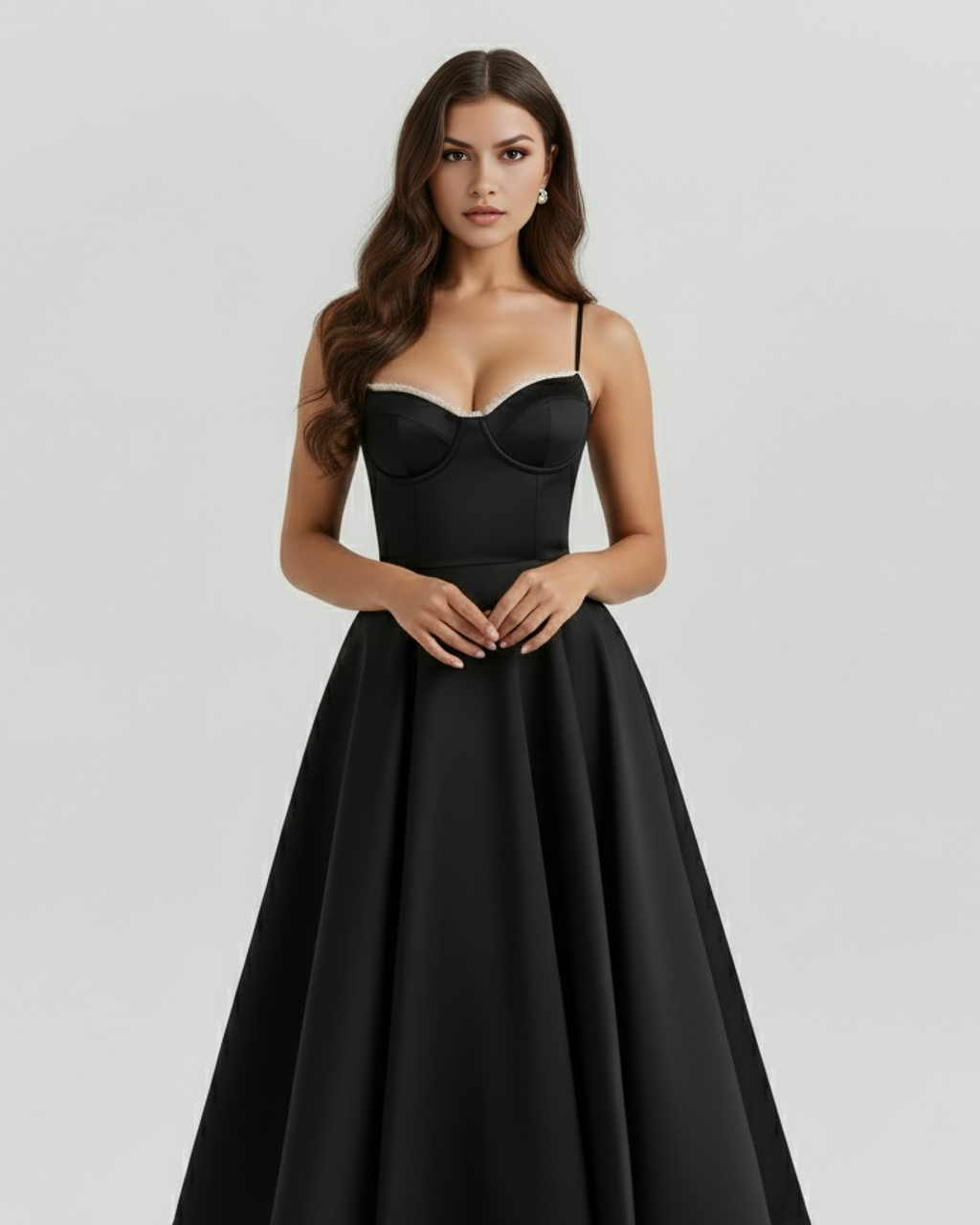 Black sweetheart corset midi dress with thin straps and structured bust cups