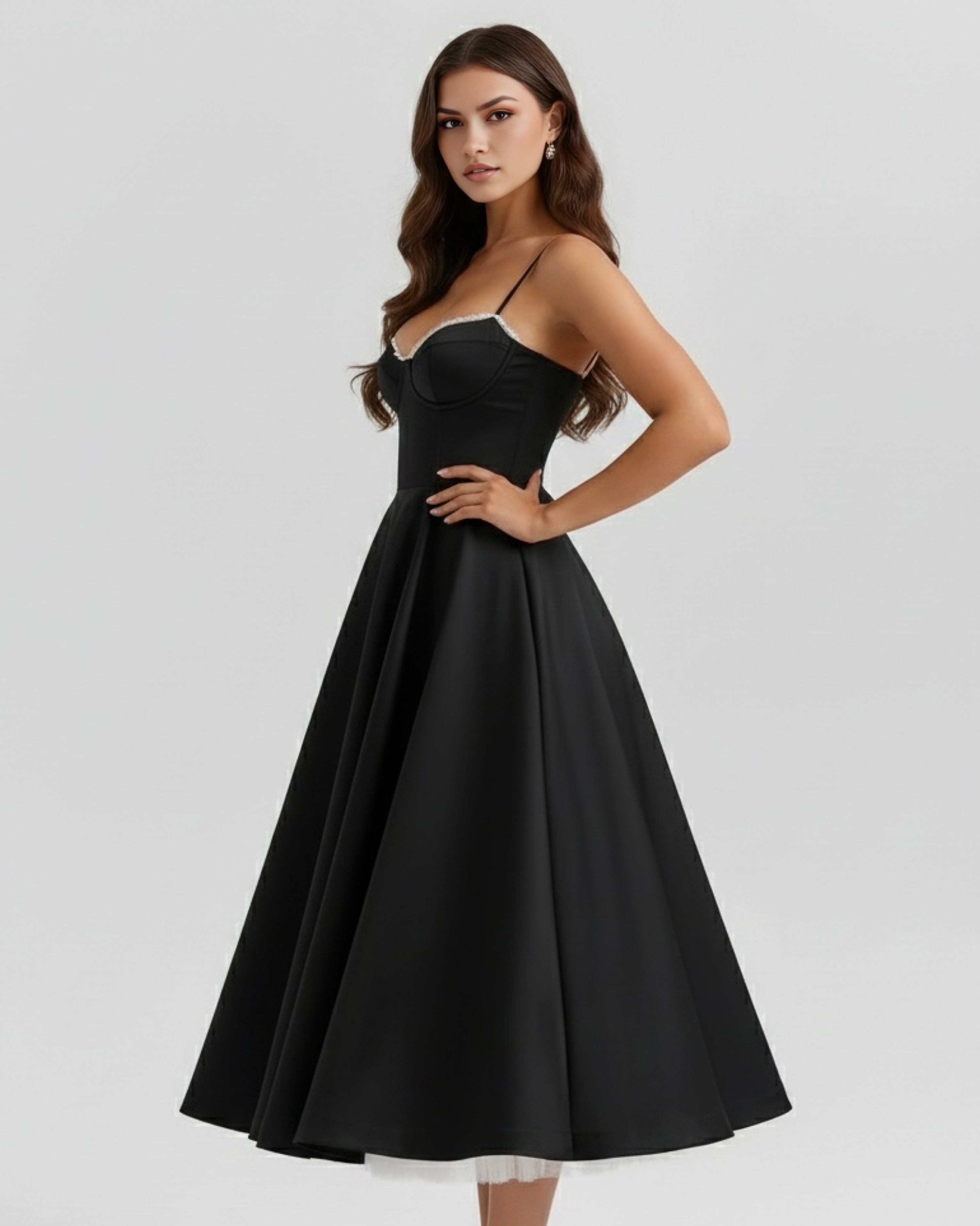 Black corset midi dress with sweetheart neckline, thin straps, and lace-trim hem
