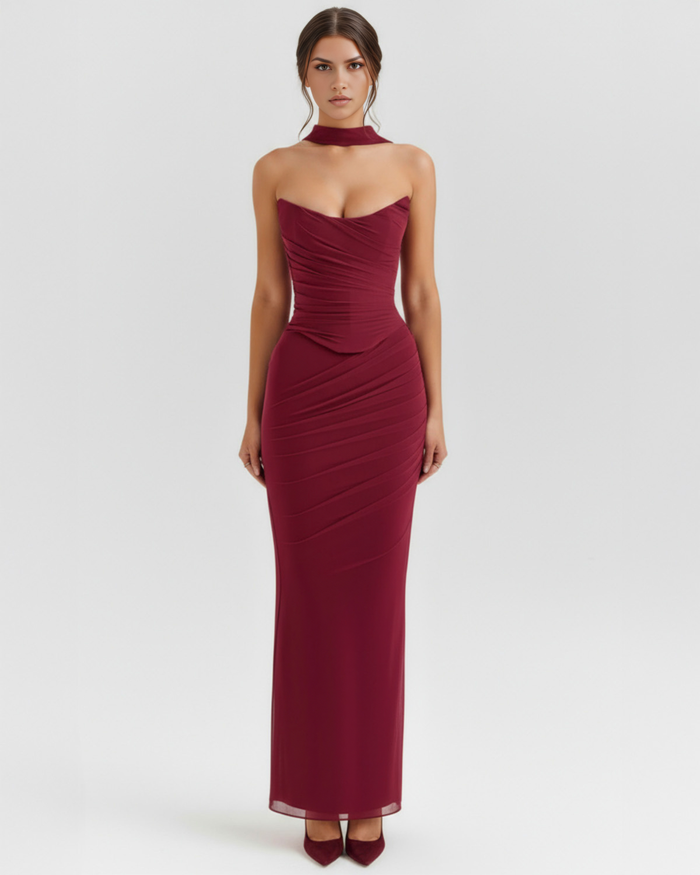 Burgundy ruched bodycon midi dress with strapless sweetheart bodice