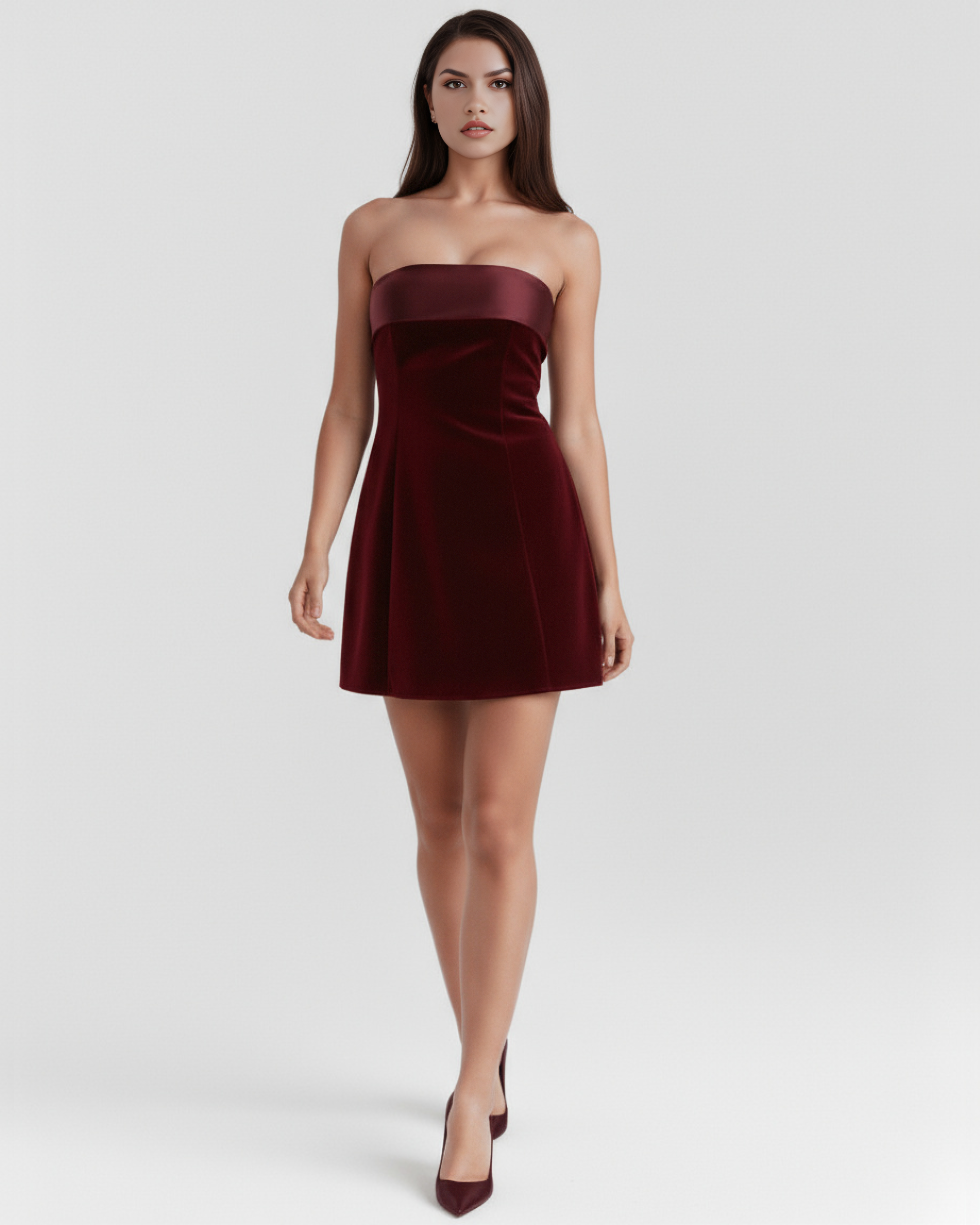 Burgundy strapless satin mini dress with structured bodice and flared skirt