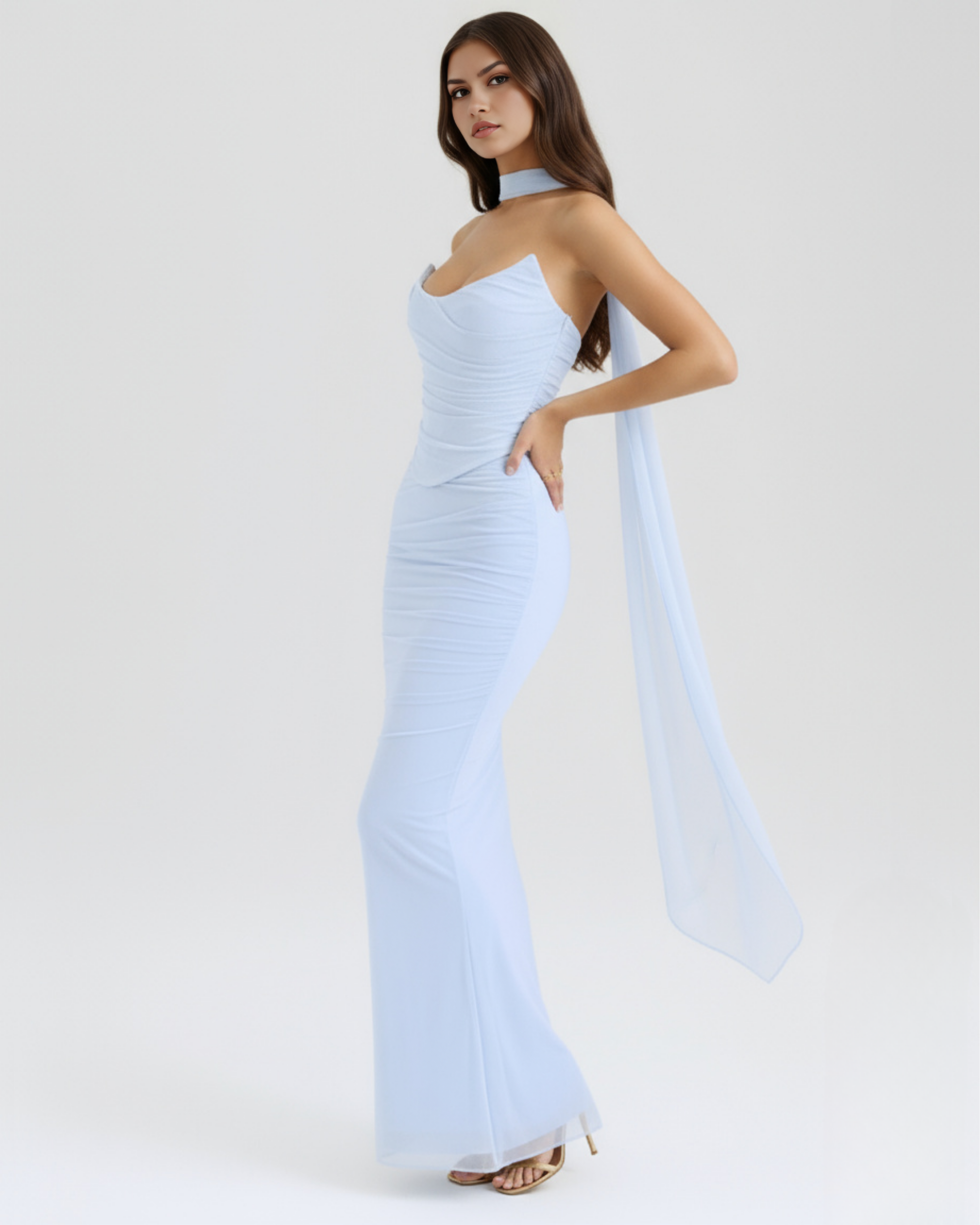 Light blue strapless ruched maxi dress with draped sheer side overlay