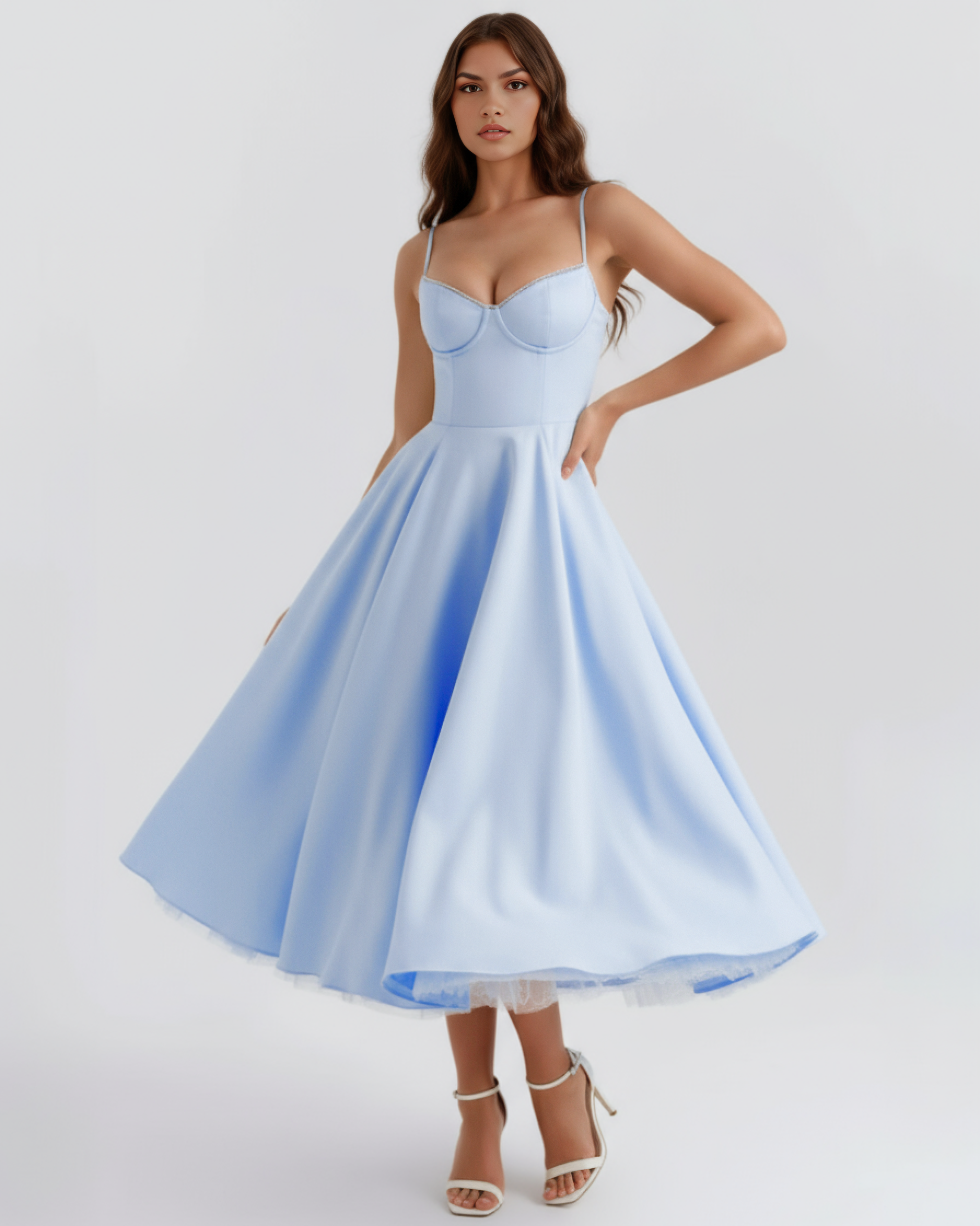 Light blue midi dress with wide pleated skirt and sweetheart bodice, spaghetti straps