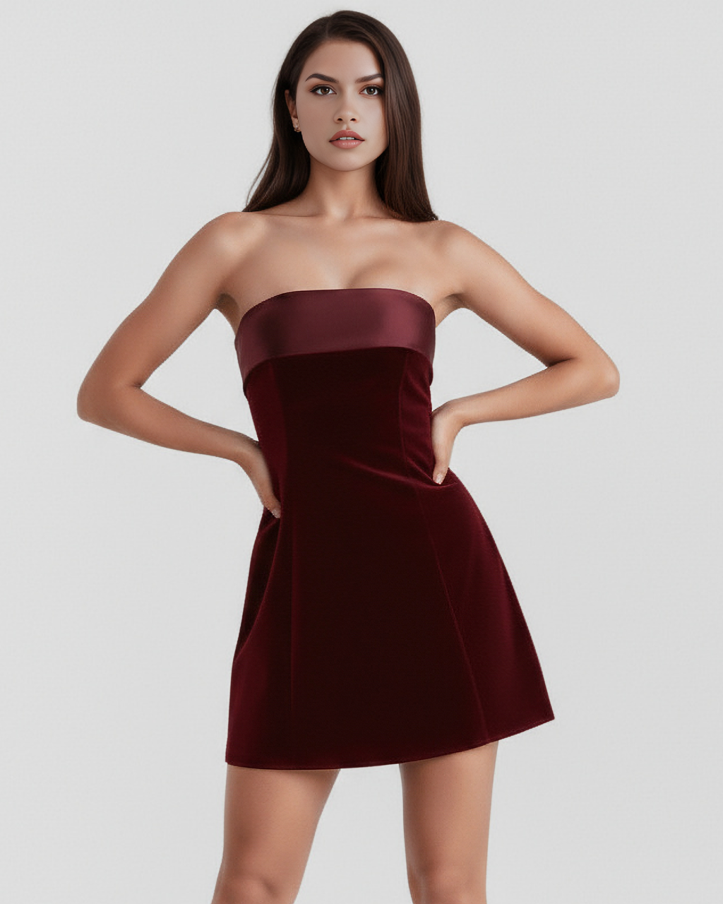Burgundy strapless satin mini dress with wide neckline and cinched waist seam