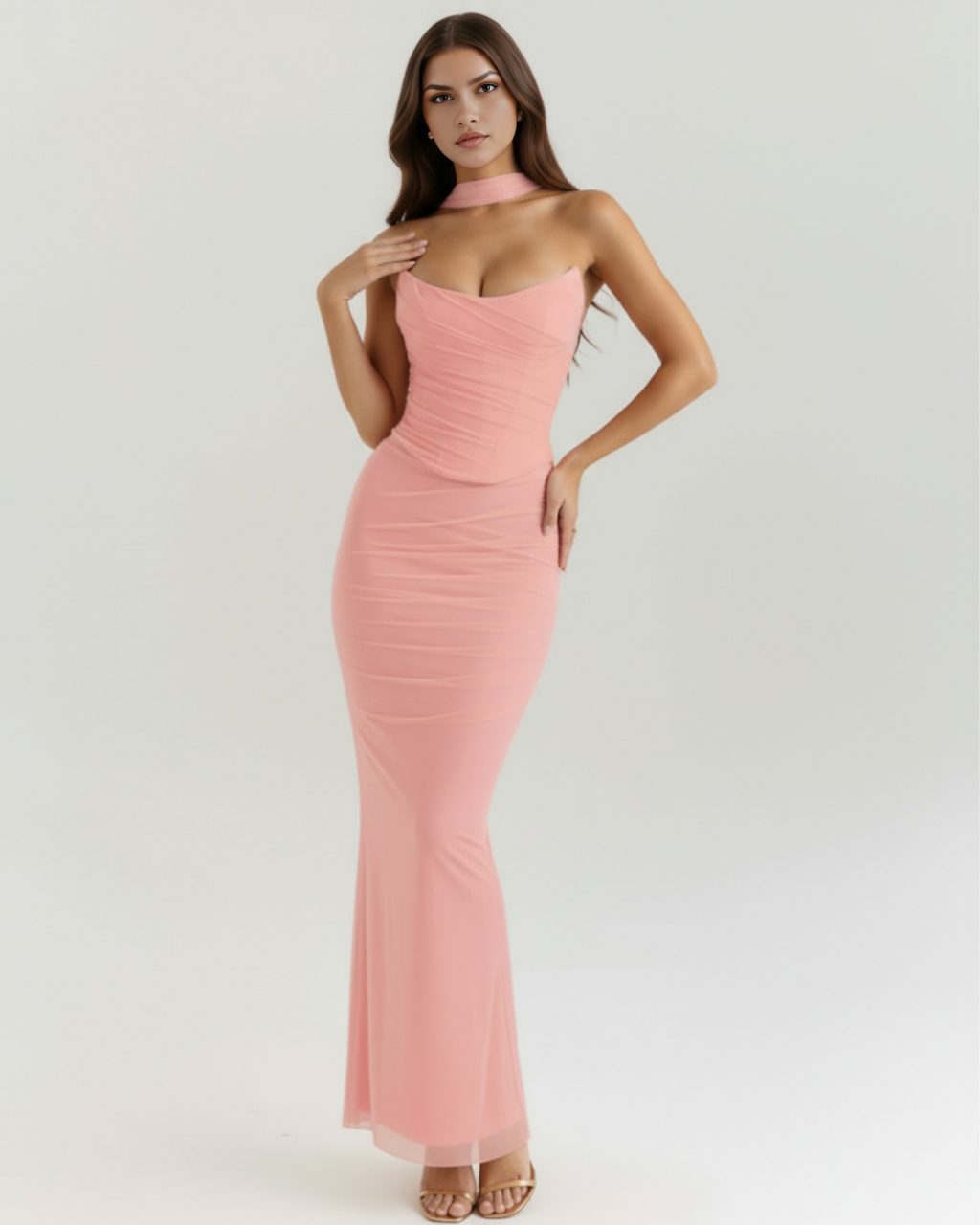 Pink ruched fitted maxi dress with choker halter neckline and sheer hem