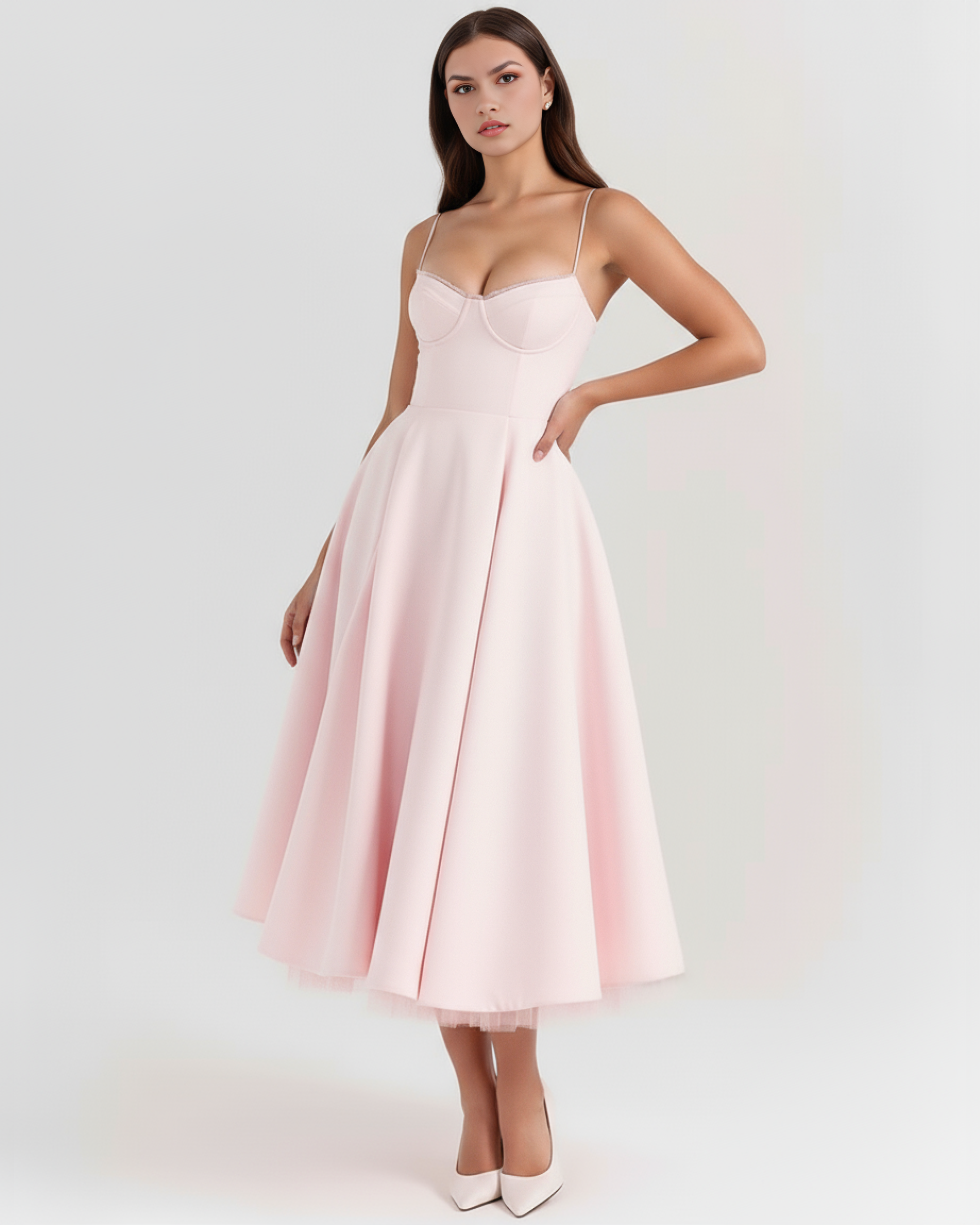 Blush pink sweetheart midi dress with fitted bust and flowy pleated skirt