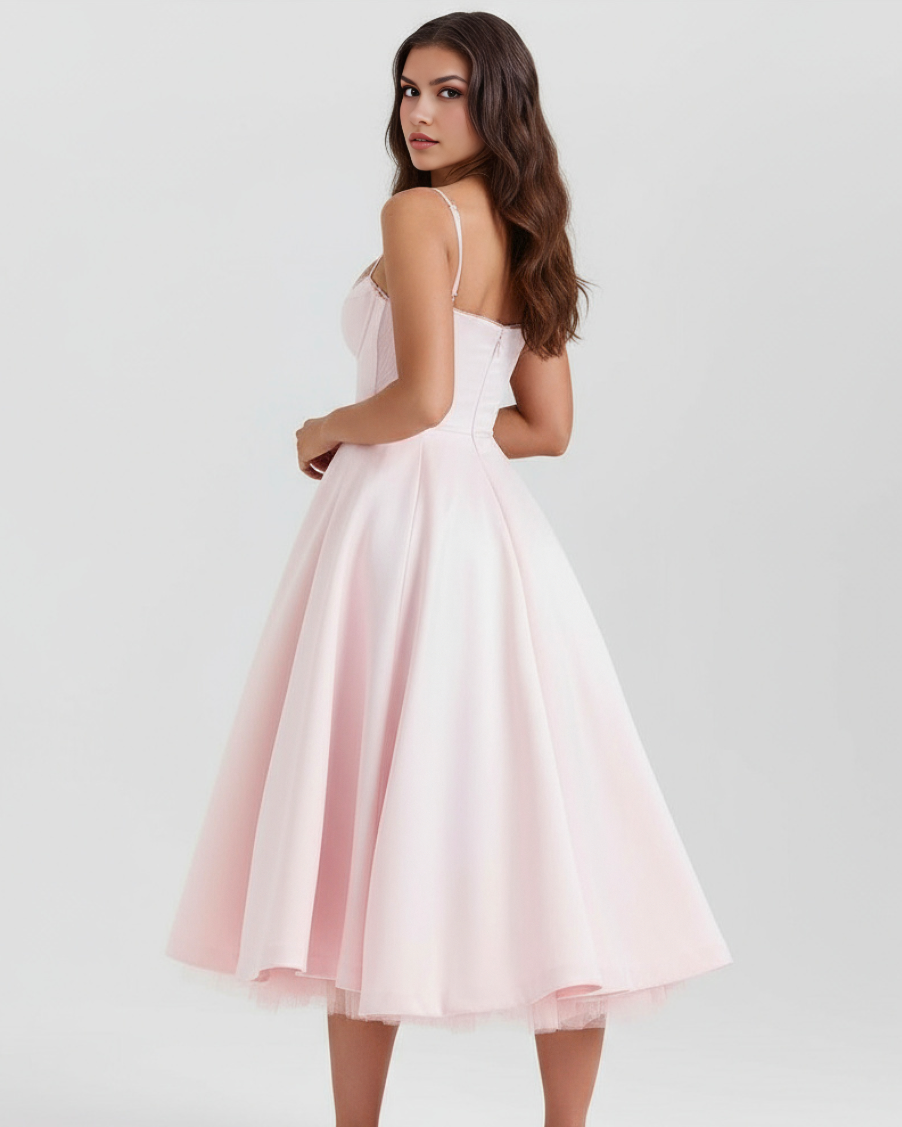 Blush pink sweetheart midi dress with spaghetti straps and flared pleated skirt