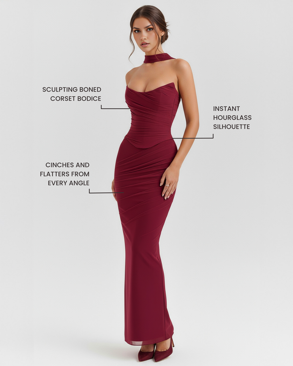 Burgundy corset-style bodycon midi dress with ruched seams and high neck band