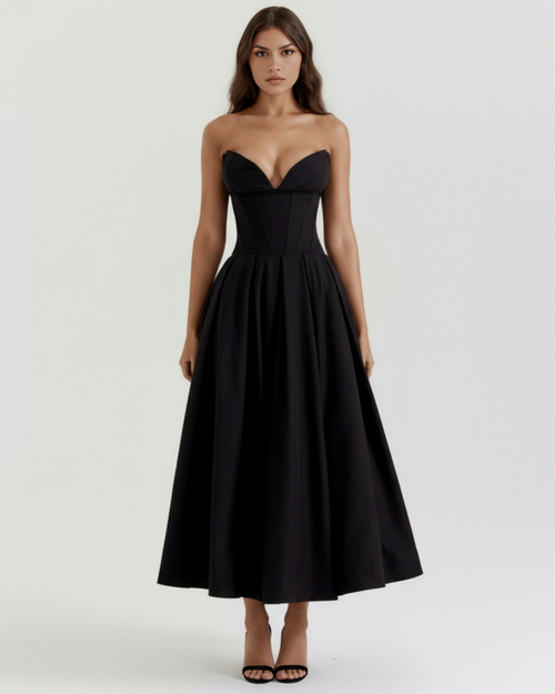 Black strapless sweetheart corset midi dress with full pleated skirt