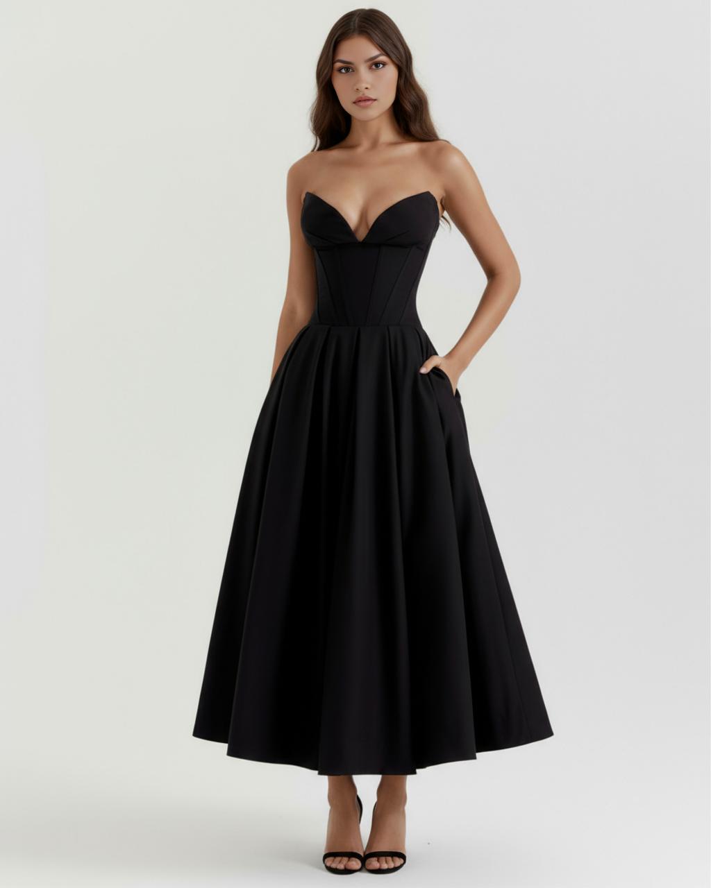 Black strapless sweetheart corset midi dress, fitted waist and flowing pleated skirt