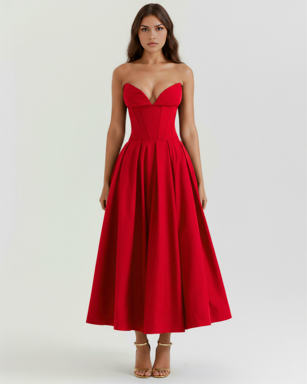 Red strapless midi dress with sweetheart neckline, corset fit, and flared skirt