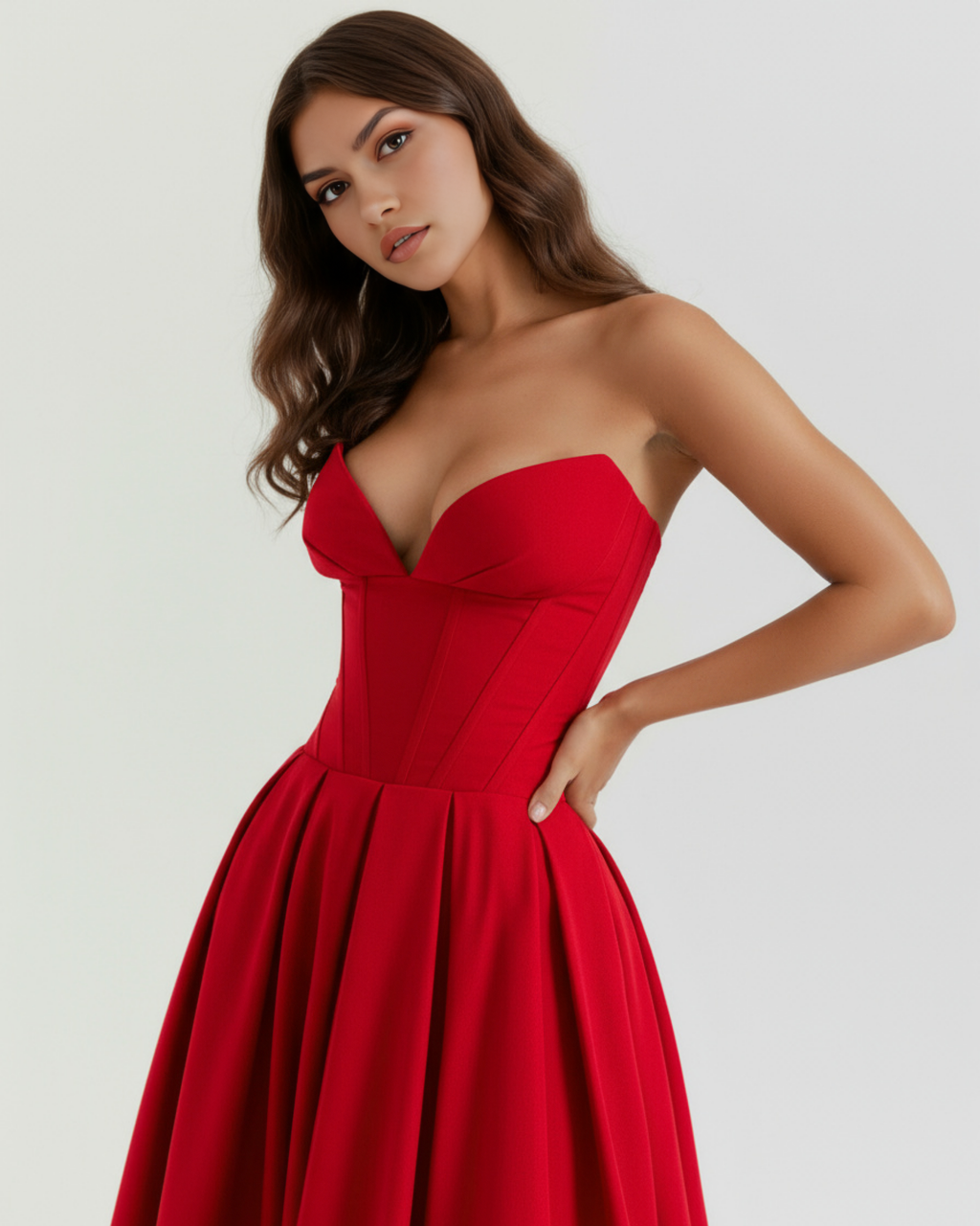 Red strapless corset midi dress with curved neckline and fitted waist