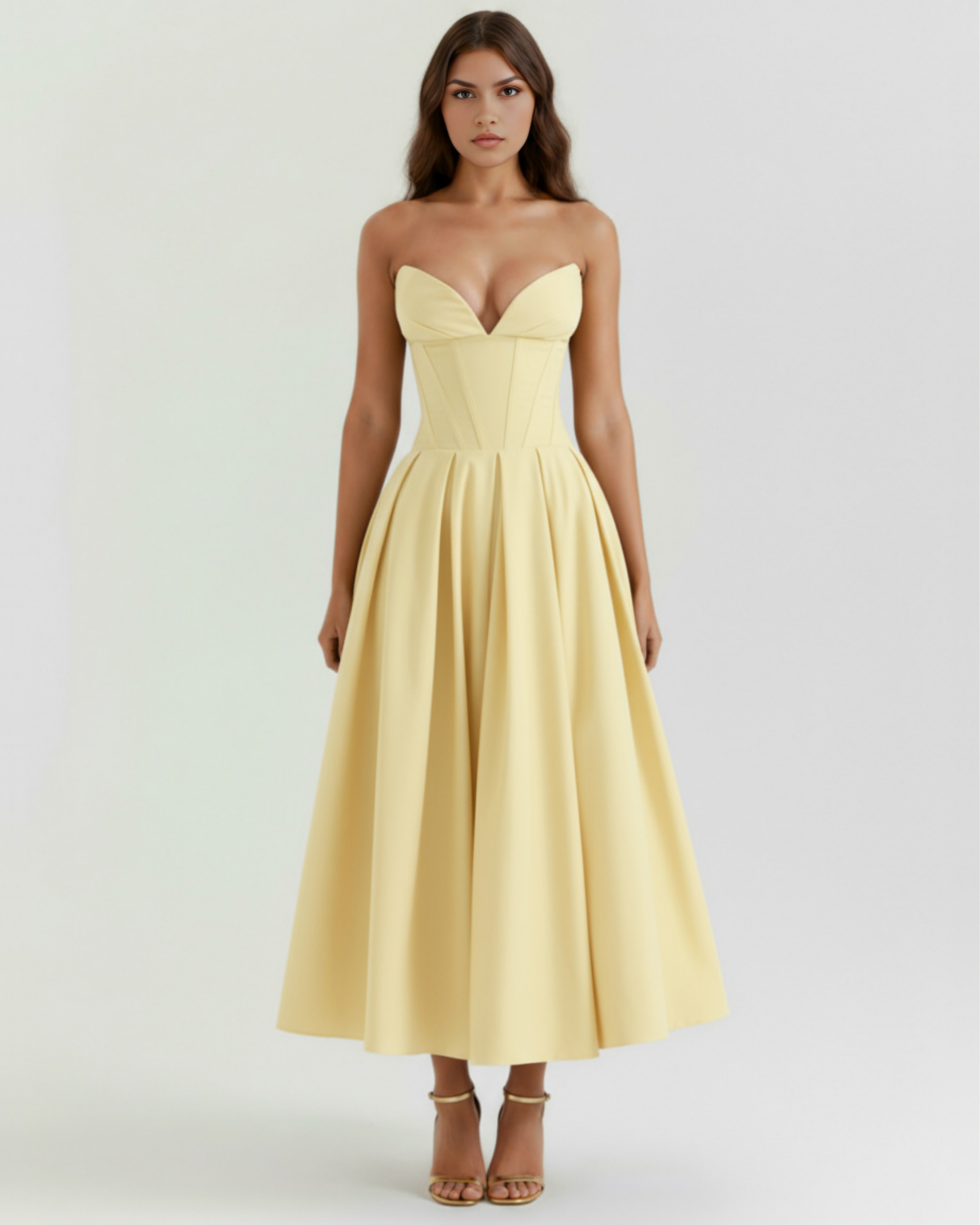 Light yellow strapless corset-style midi dress with V-shaped bust and pleated skirt