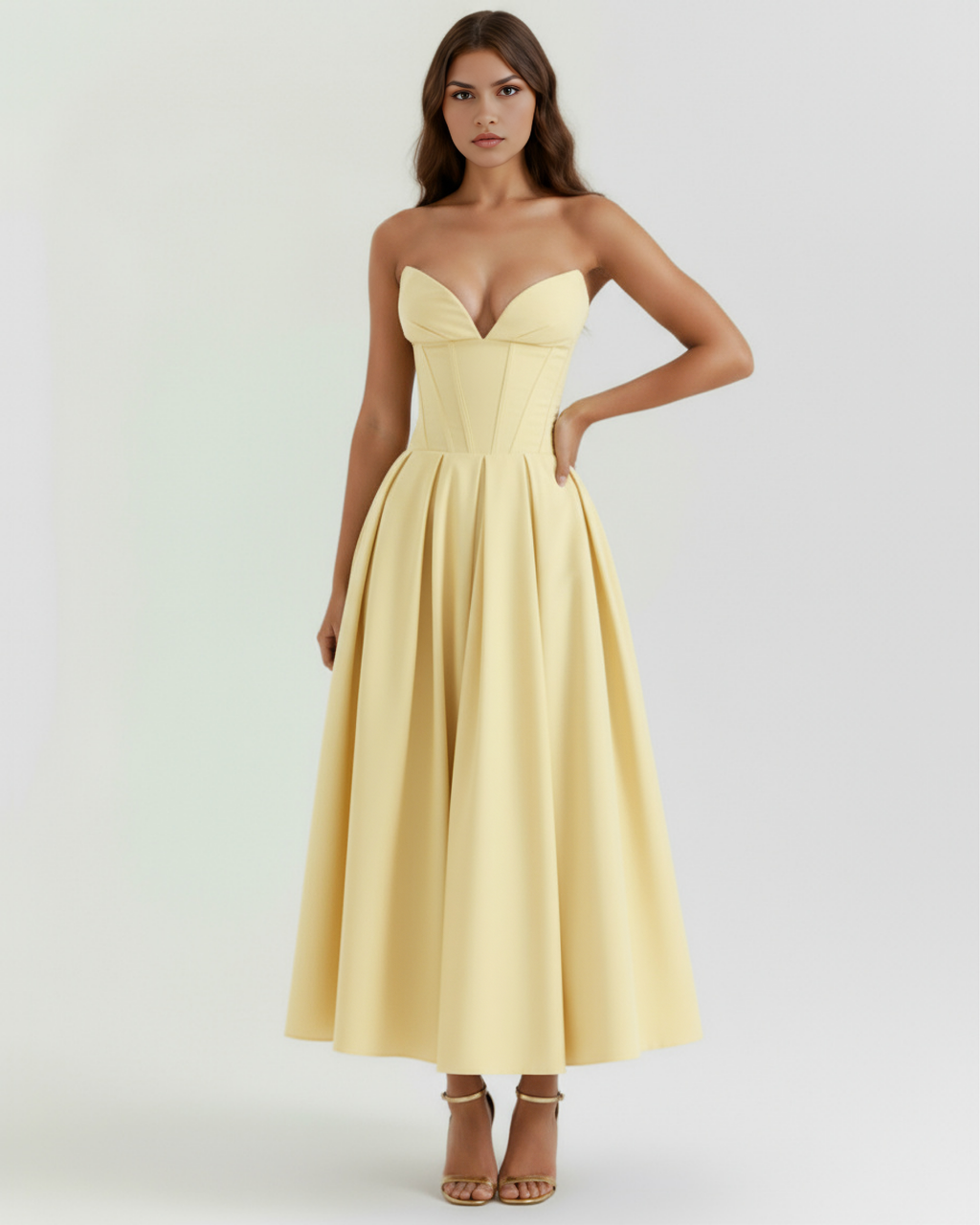 Light yellow strapless corset midi dress with sweetheart neckline and full pleated skirt
