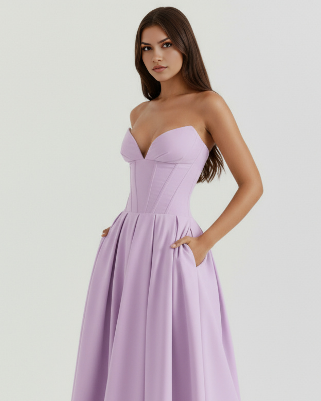 Violet strapless midi corset dress with sweetheart neckline and pleated skirt