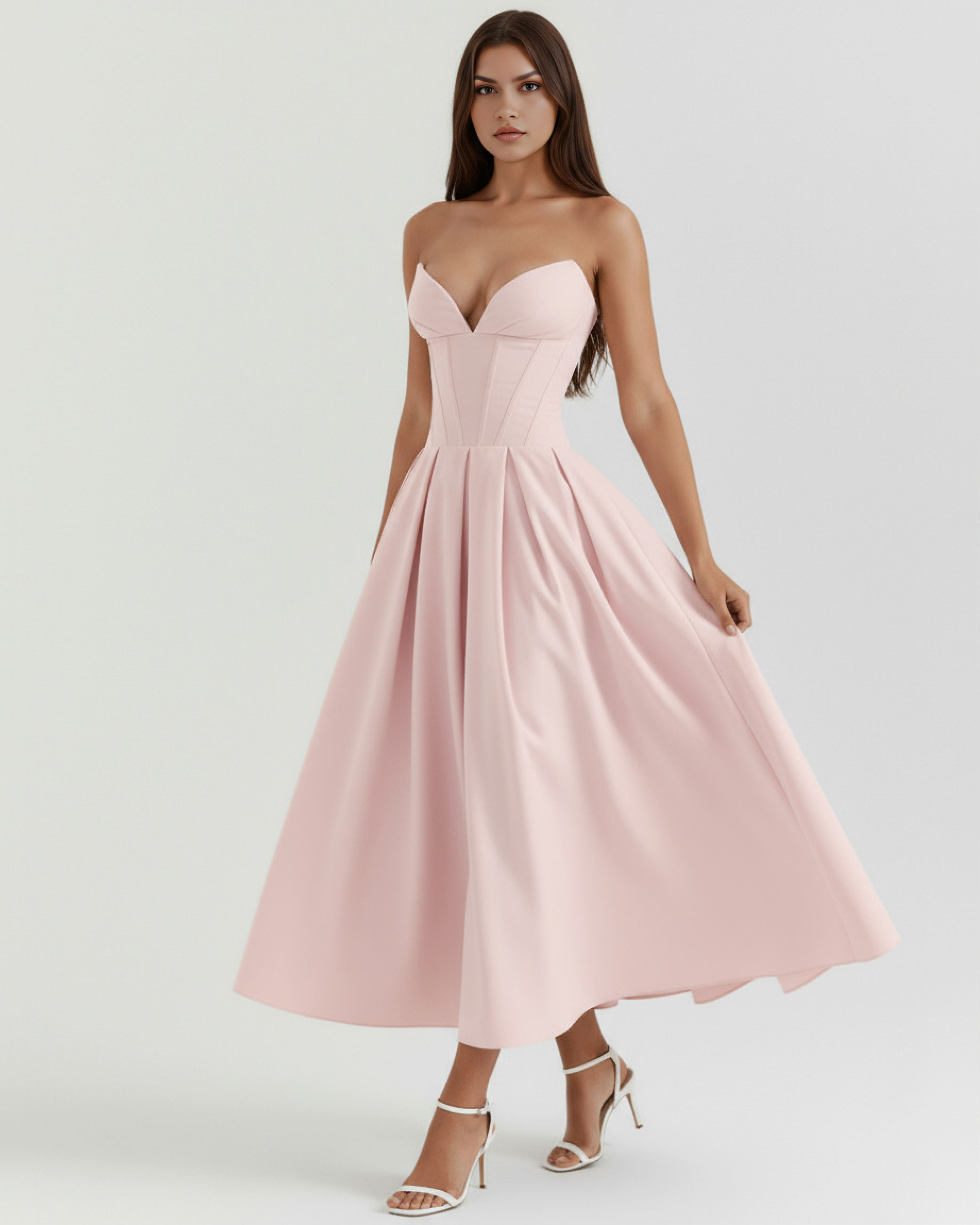 Pink strapless corset midi dress with voluminous pleated skirt and smooth bodice