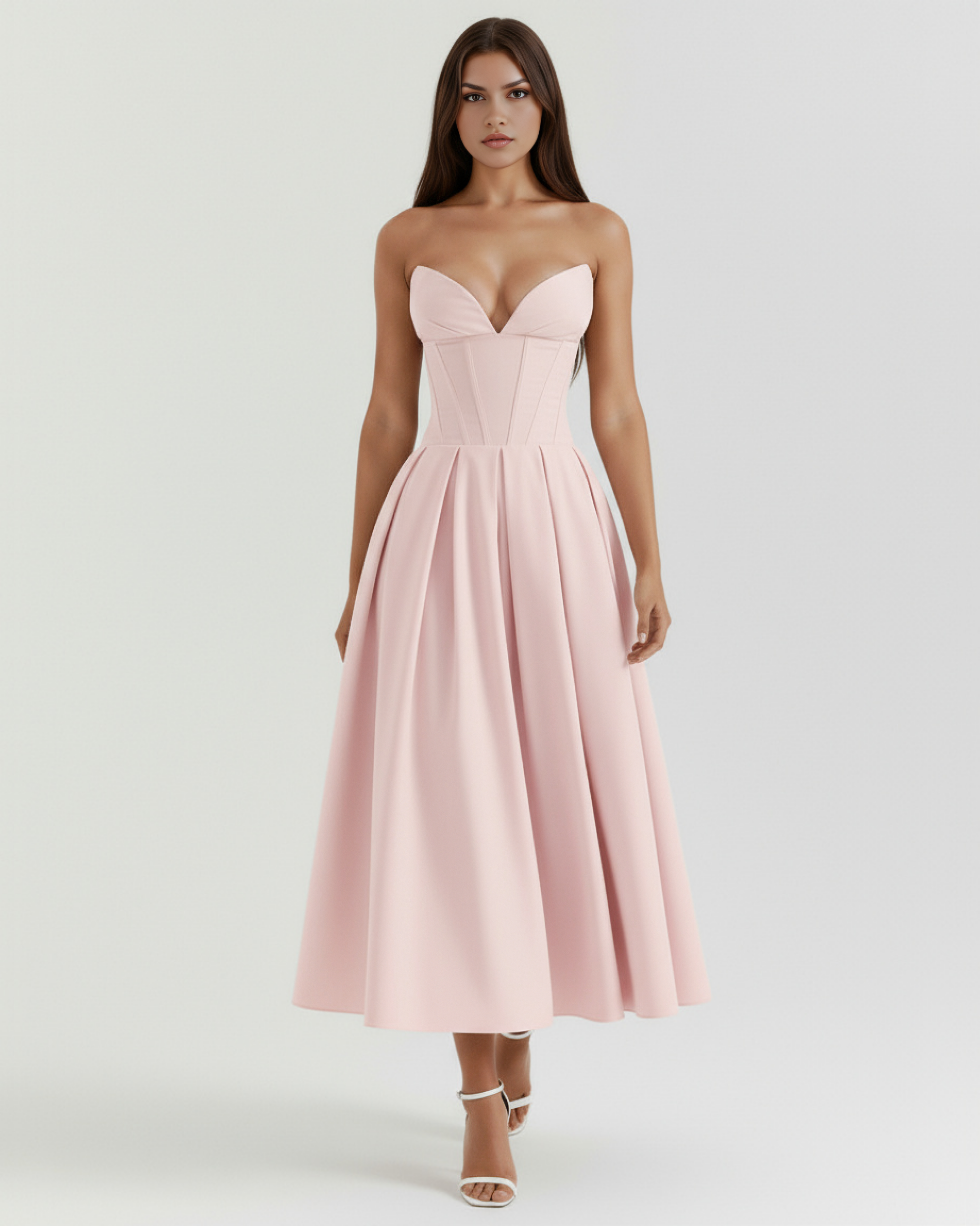 Pink strapless corset midi dress with gathered pleated skirt and defined waist