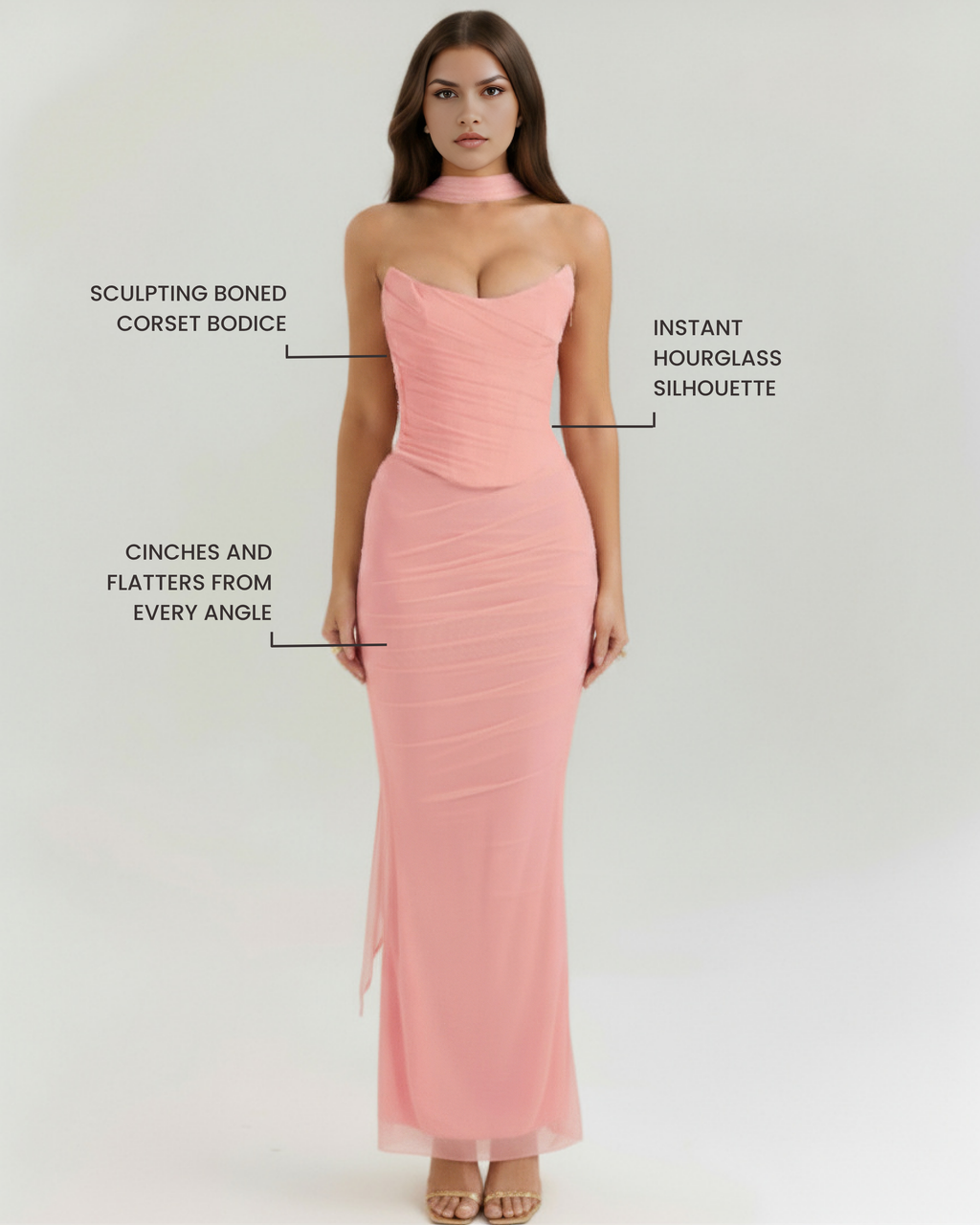 Pink ruched bodycon maxi dress with sweetheart bodice and choker halter neckline