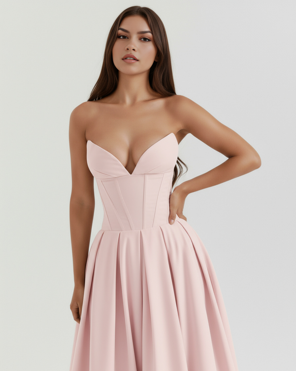 Pink strapless corset bodice midi dress with structured seams and pleated skirt