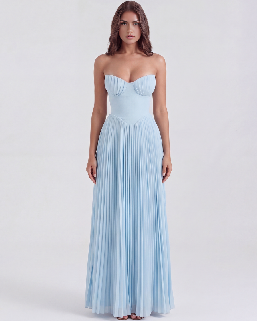 Strapless pleated maxi dress in baby blue with ruched bodice and fitted waist