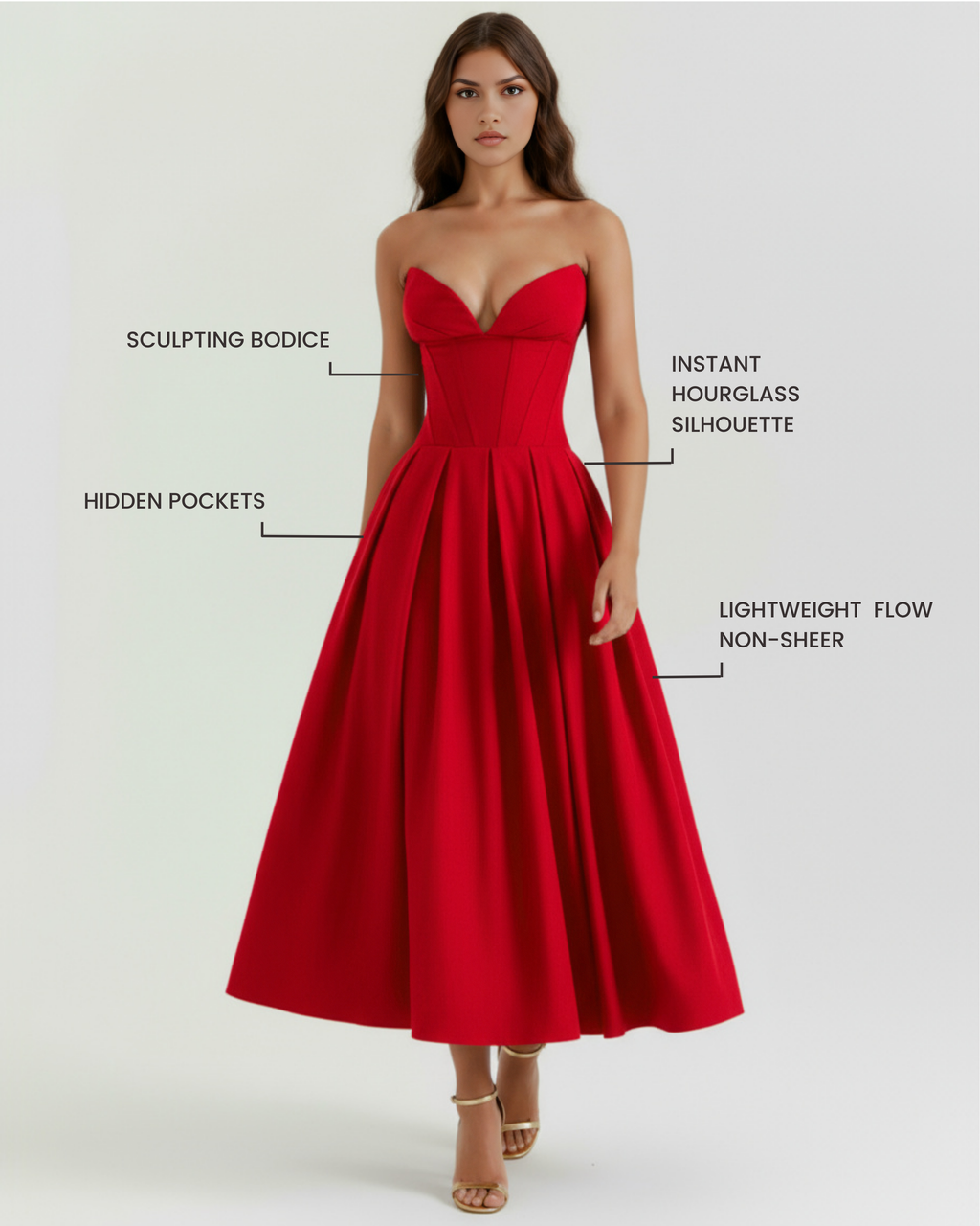 Red strapless corset midi dress with structured bodice and gathered skirt