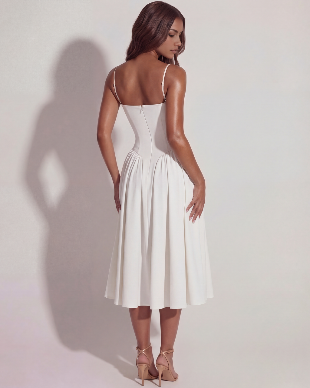 Francesca white midi dress, open back with thin straps and pleated skirt